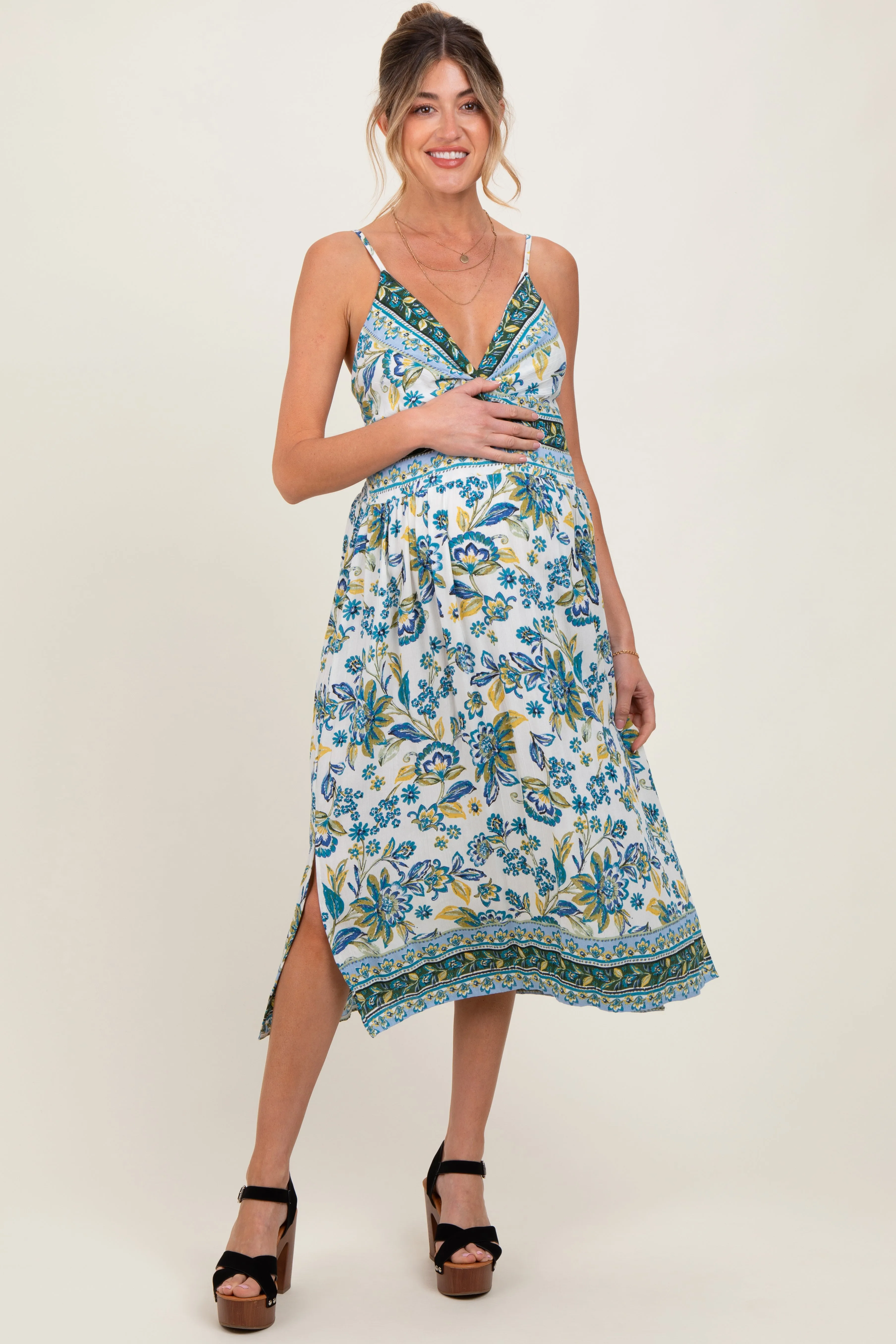 Blue Floral Border Print Cutout Maternity Midi Dress sold by Pinkblush