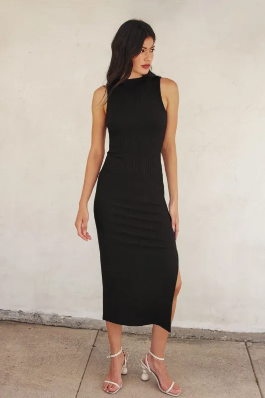 Black Mock Neck Side Slit Midi Dress sold by Pinkblush