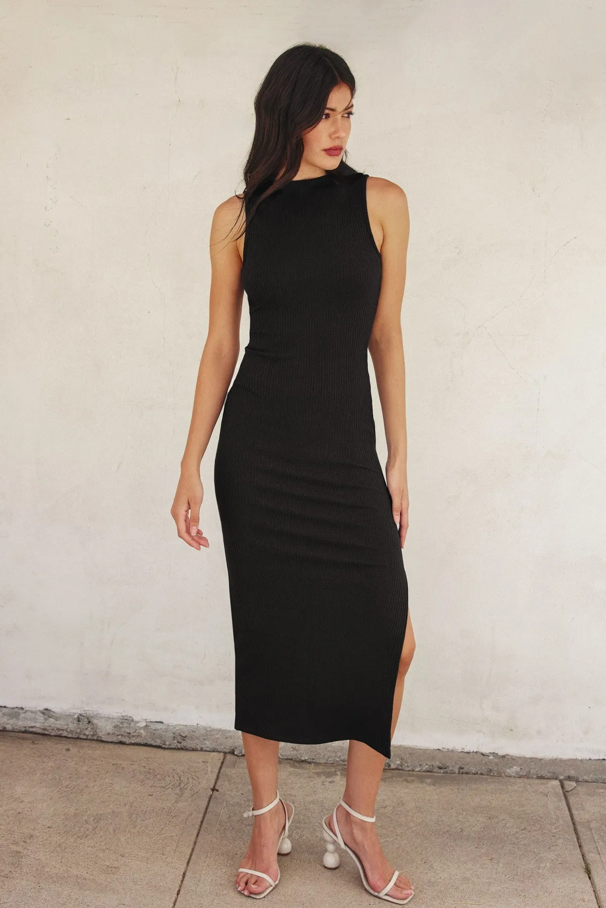 Black Mock Neck Side Slit Midi Dress sold by Pinkblush