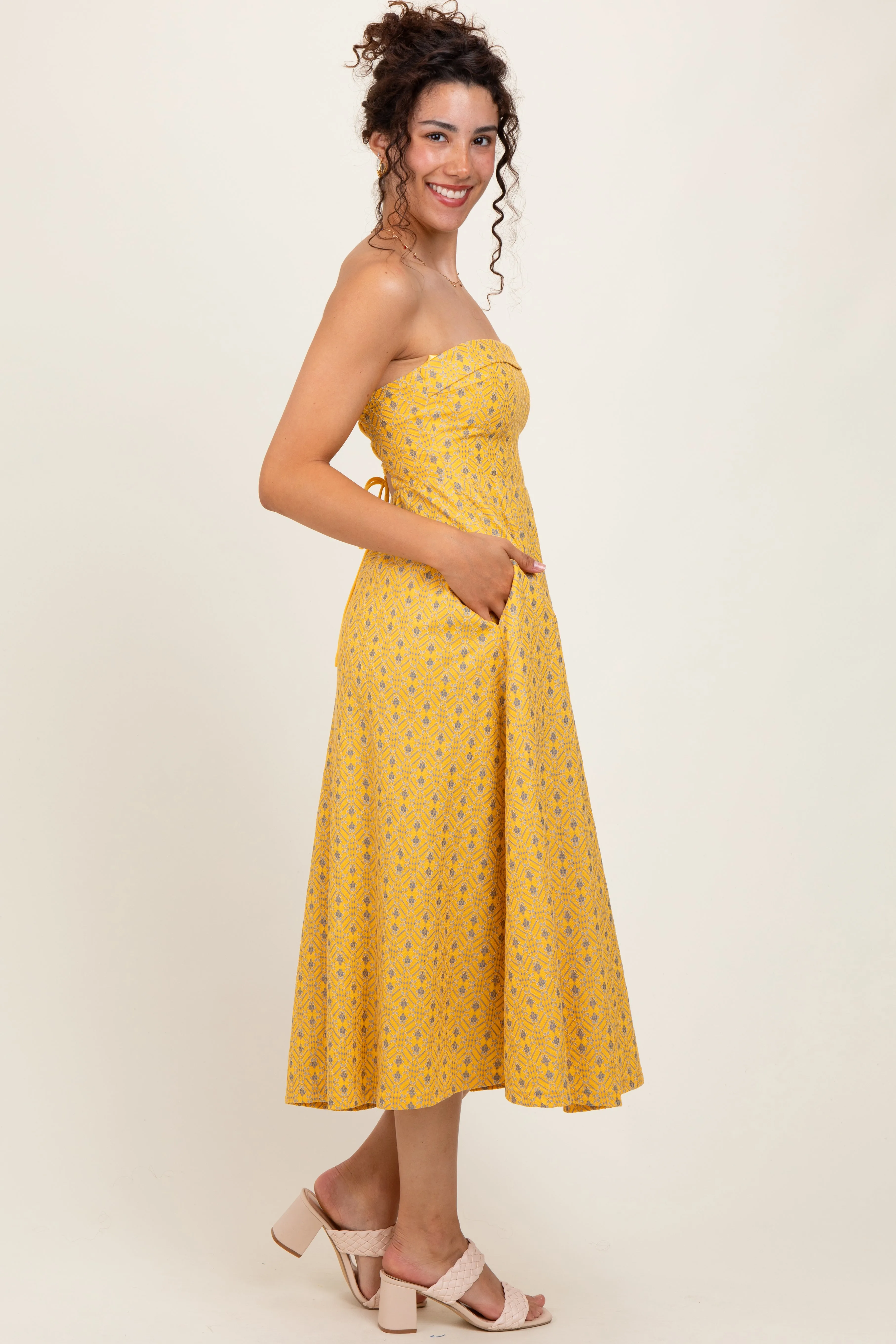Yellow Lace Strapless Lace Up Back Midi Dress sold by Pinkblush product image thumbnail 2