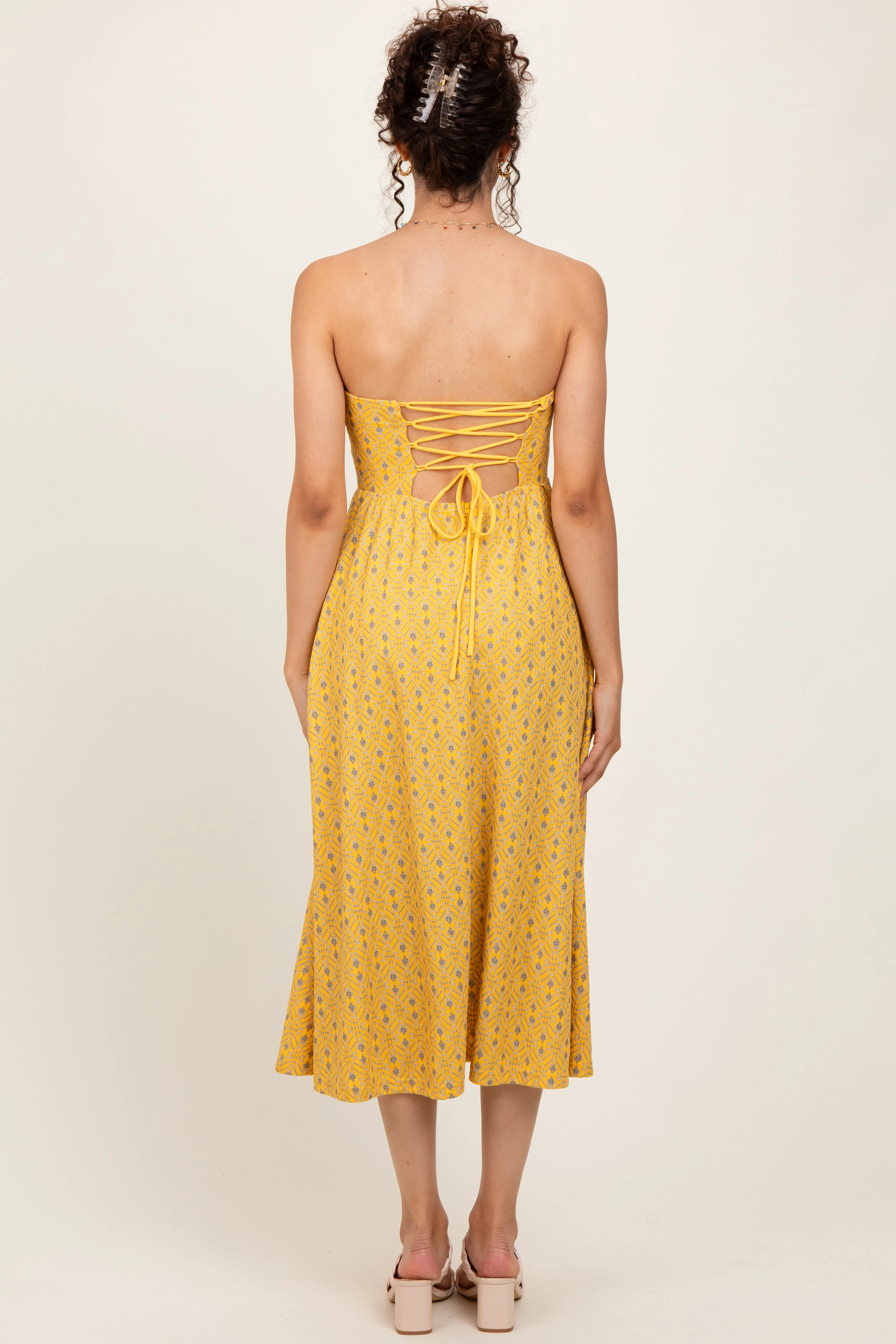 Yellow Lace Strapless Lace Up Back Midi Dress sold by Pinkblush product image thumbnail 3