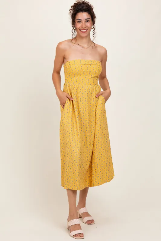 Yellow Lace Strapless Lace Up Back Midi Dress sold by Pinkblush