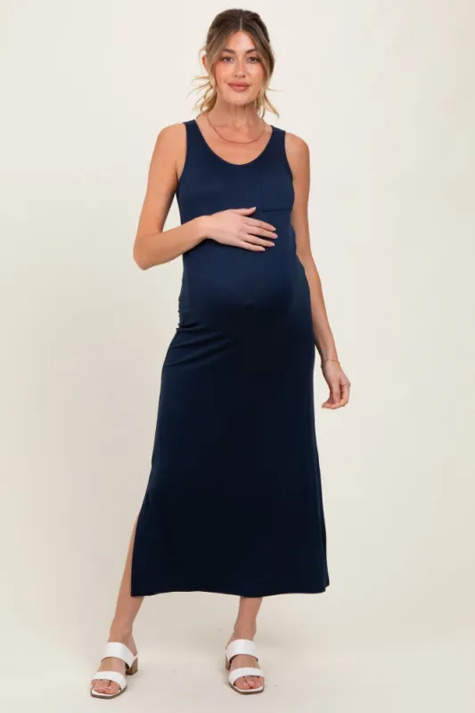 Navy Basic Pocket Sleeveless Maternity Maxi Dress sold by Pinkblush