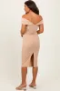 Beige Off Shoulder Fitted Maternity Midi Dress sold by Pinkblush