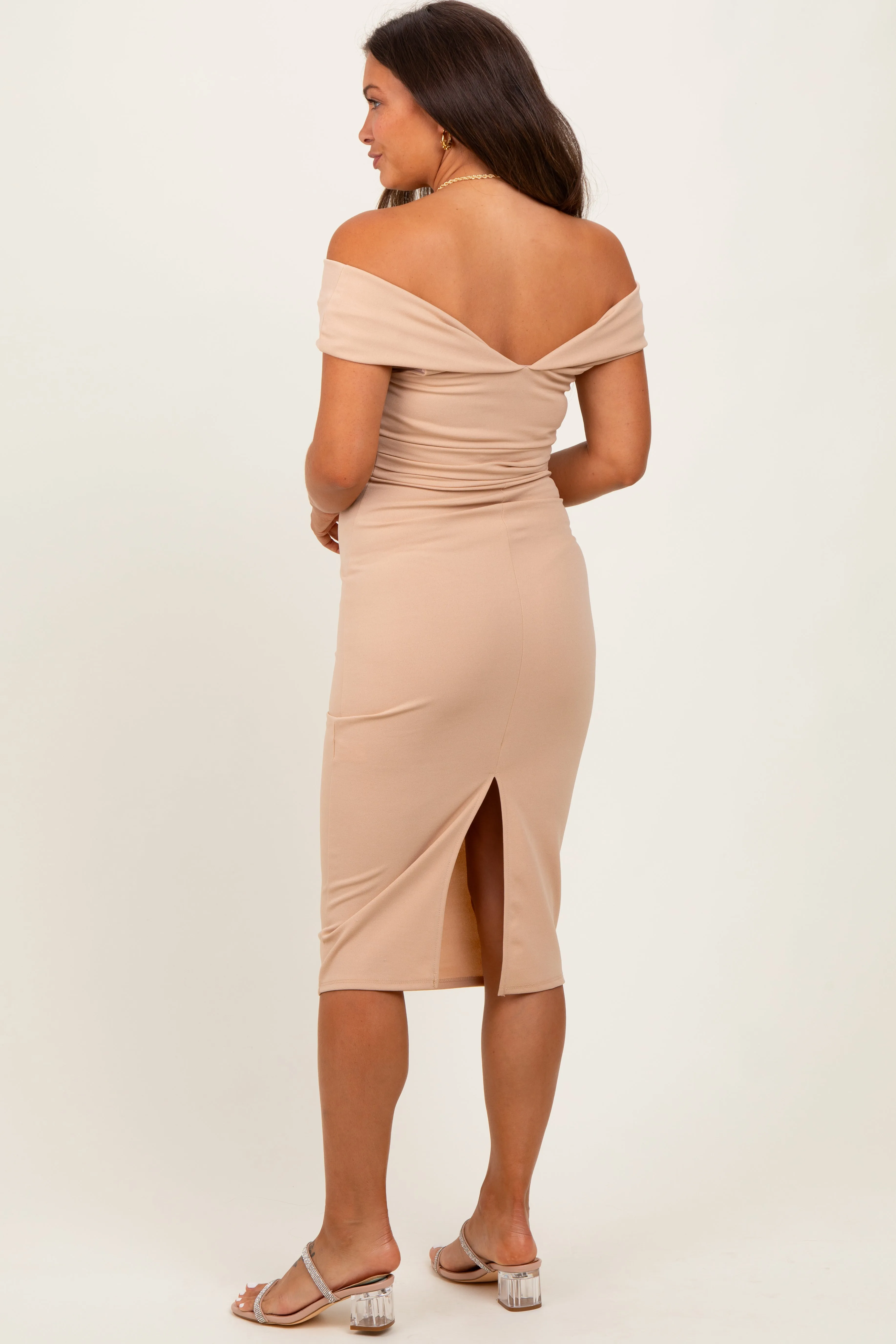 Beige Off Shoulder Fitted Maternity Midi Dress sold by Pinkblush product image thumbnail 4