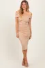 Beige Off Shoulder Fitted Maternity Midi Dress sold by Pinkblush