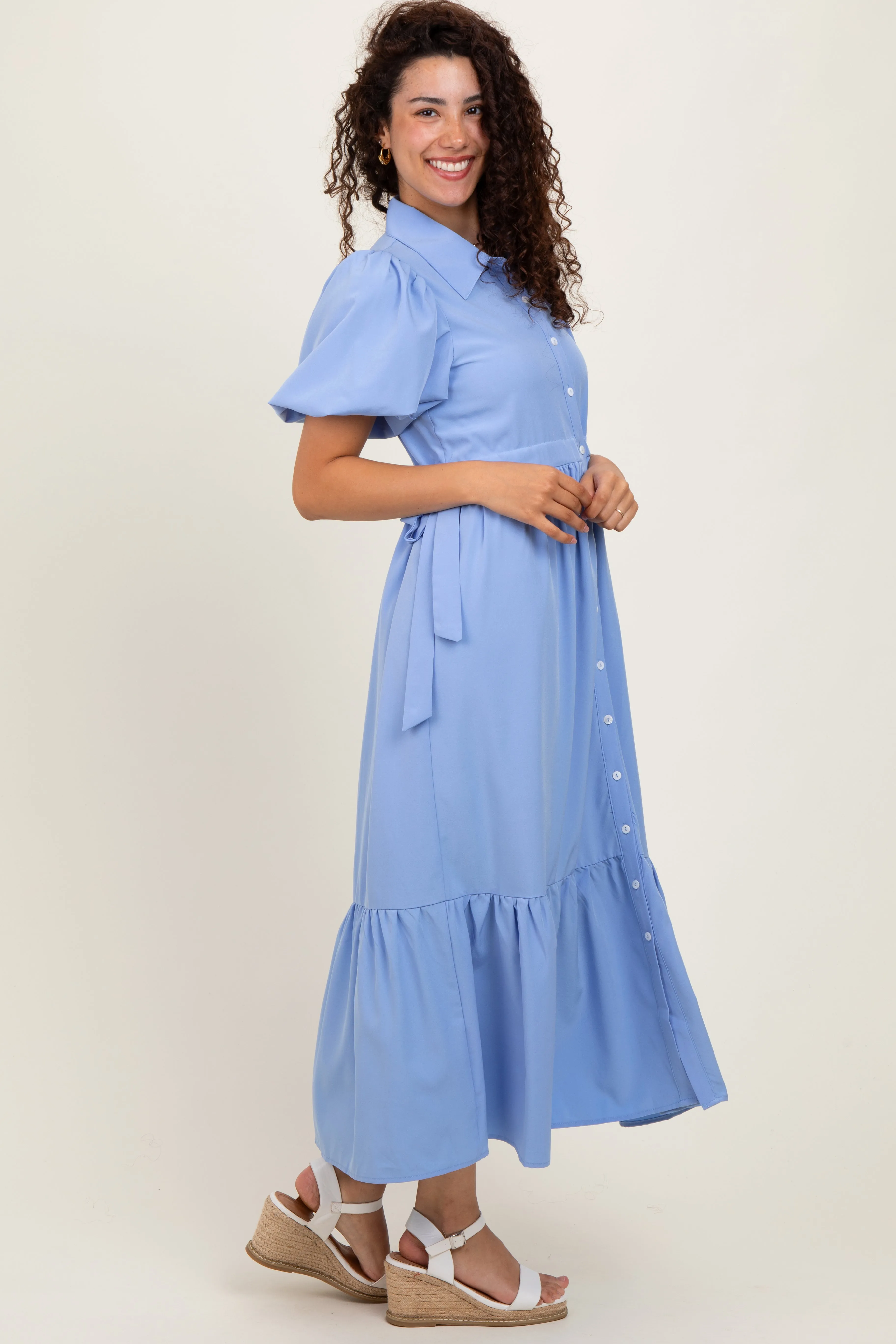 Light Blue Puff Sleeve Side Tie Midi Shirt Dress sold by Pinkblush product image thumbnail 3