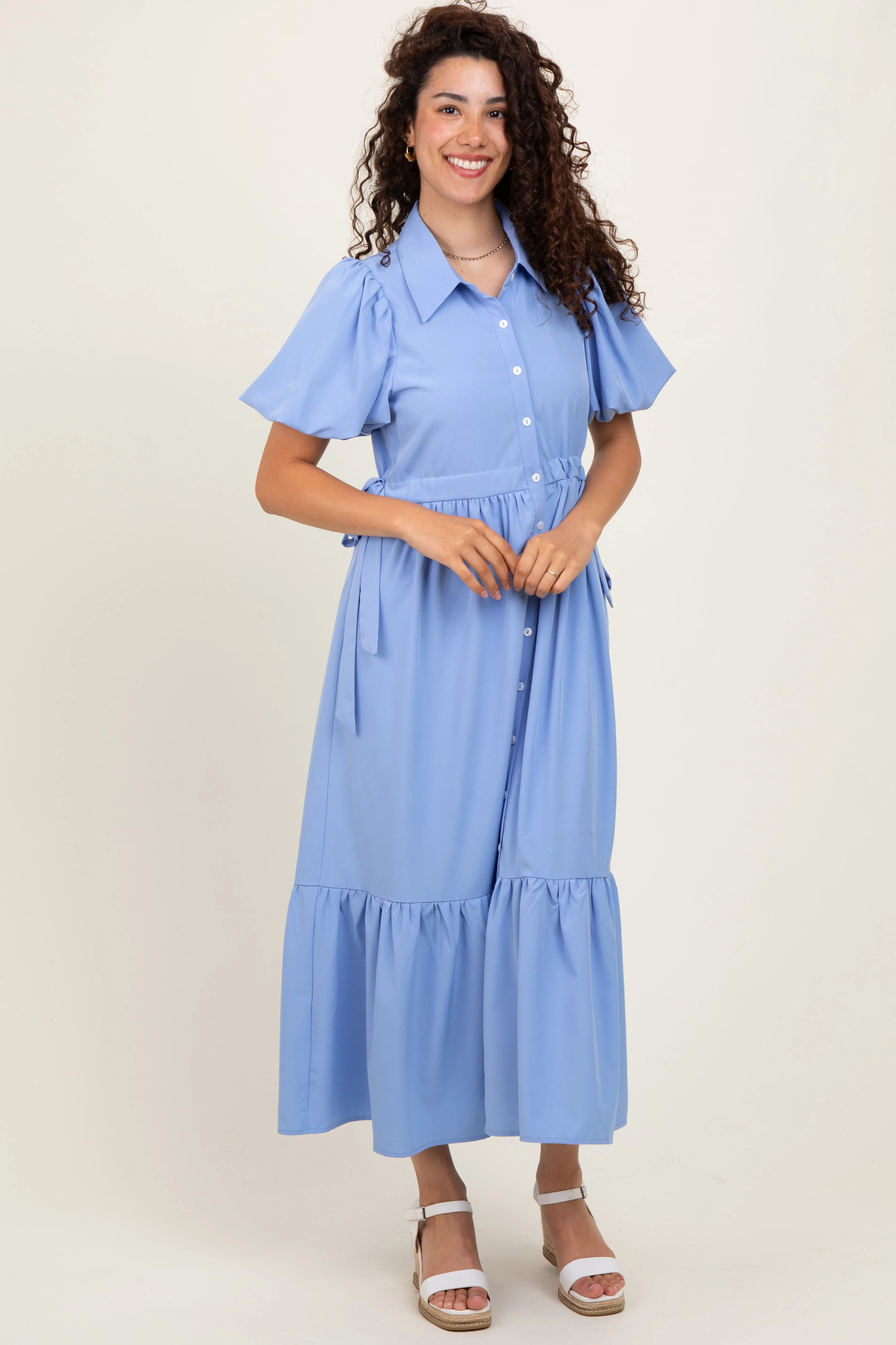 Light Blue Puff Sleeve Side Tie Midi Shirt Dress sold by Pinkblush