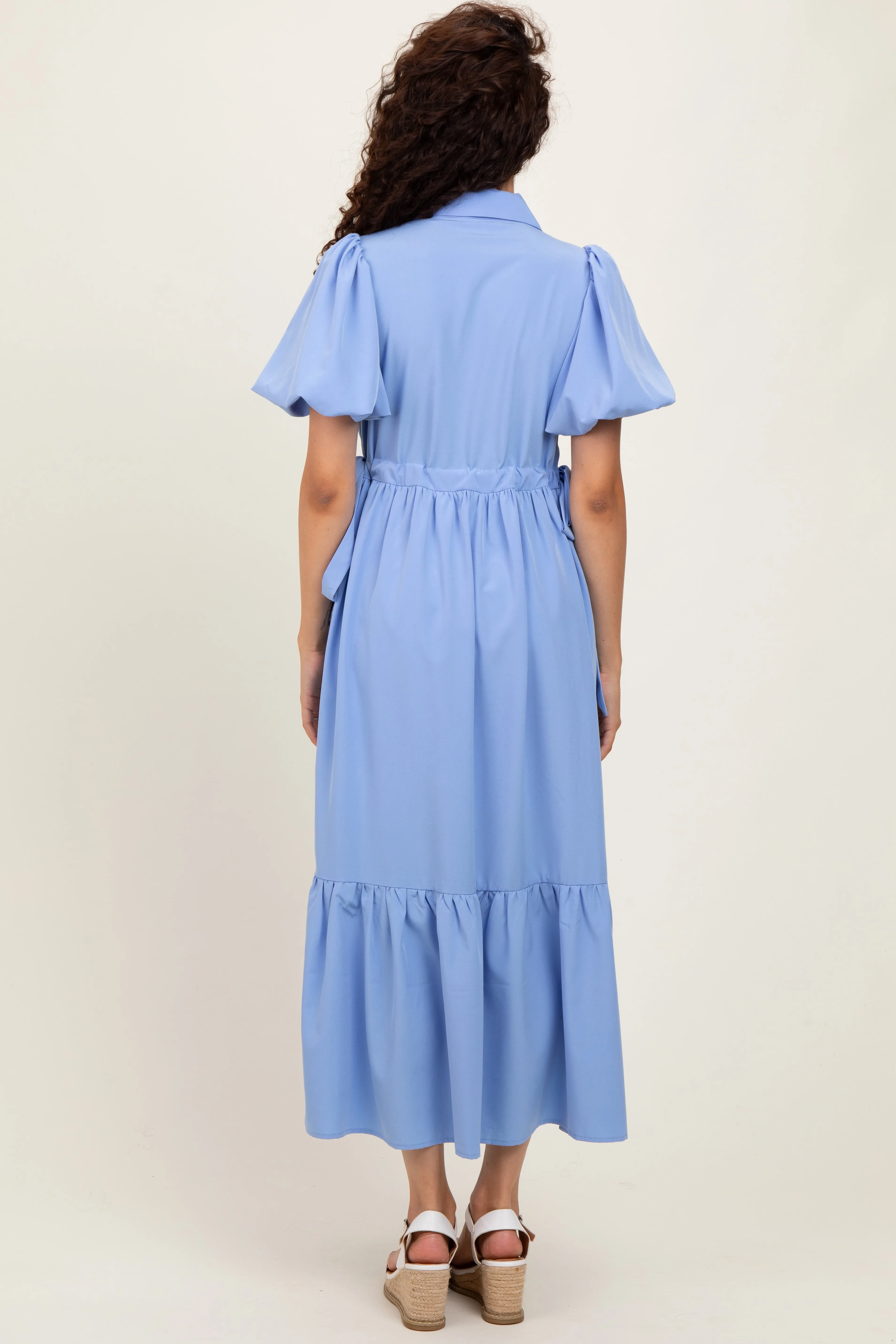 Light Blue Puff Sleeve Side Tie Midi Shirt Dress sold by Pinkblush product image thumbnail 4