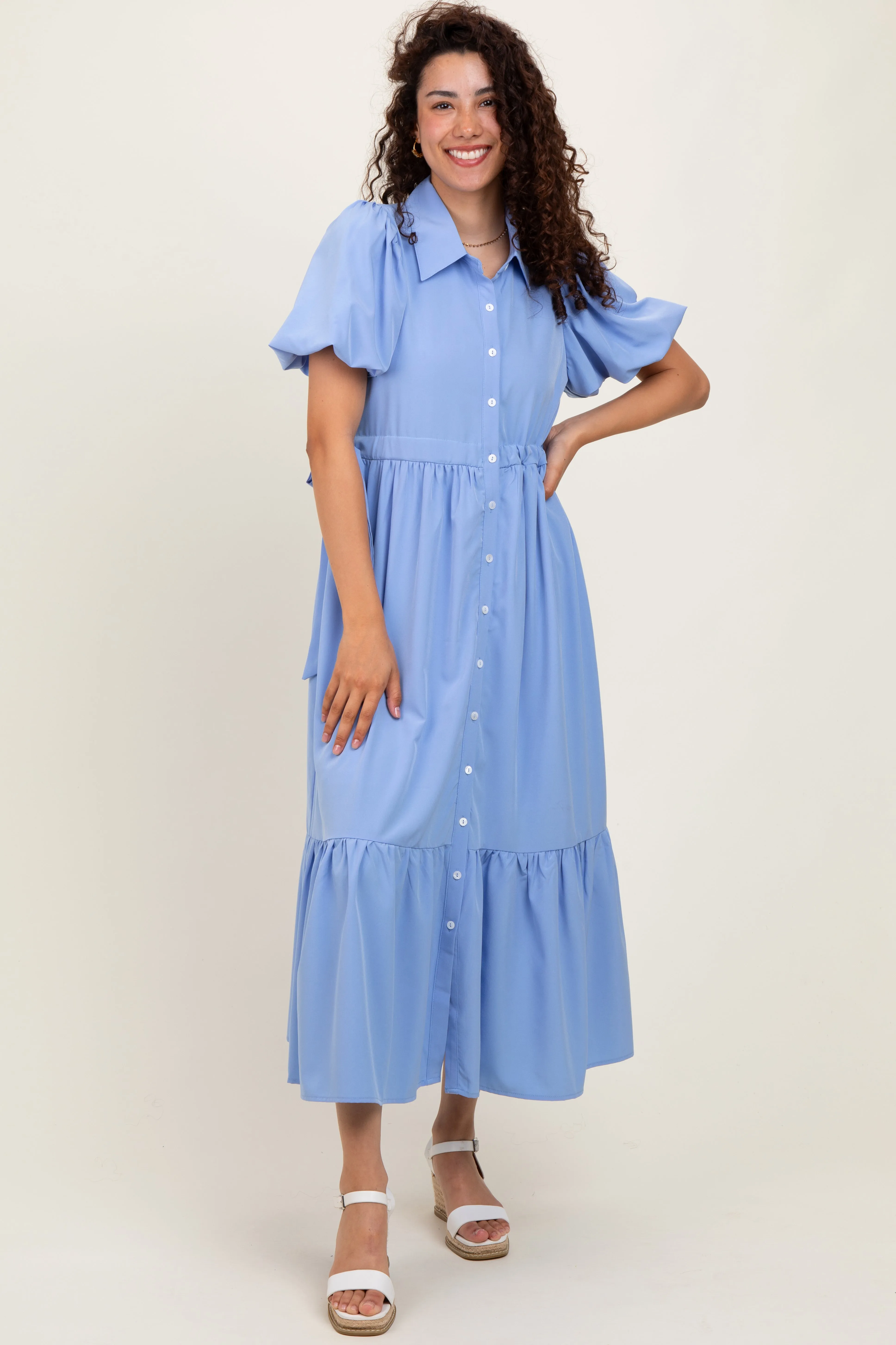 Light Blue Puff Sleeve Side Tie Midi Shirt Dress sold by Pinkblush product image thumbnail 2