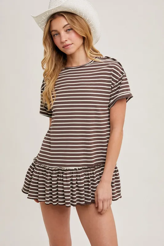 Mocha Striped Ruffle Hem Short Sleeve Top sold by Pinkblush