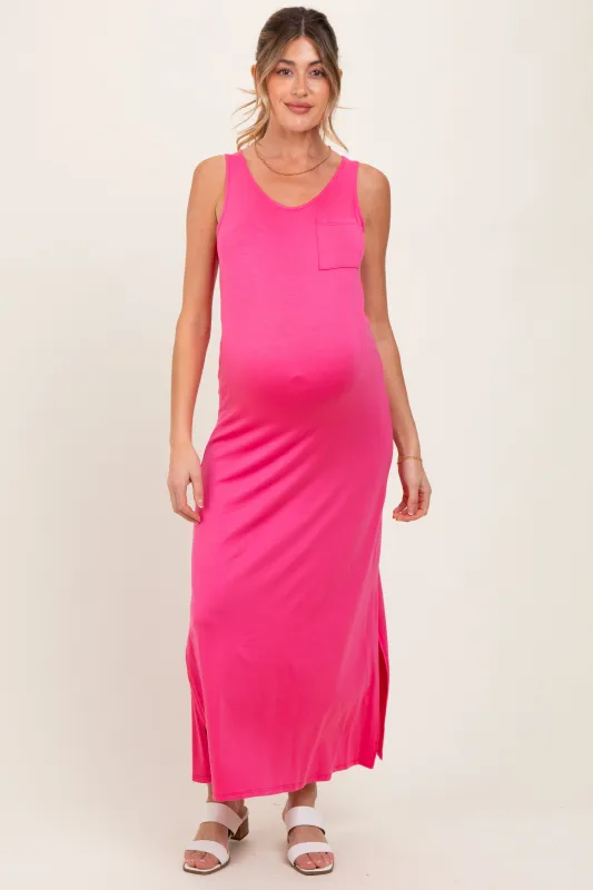 Fuchsia Basic Pocket Sleeveless Maternity Maxi Dress sold by Pinkblush