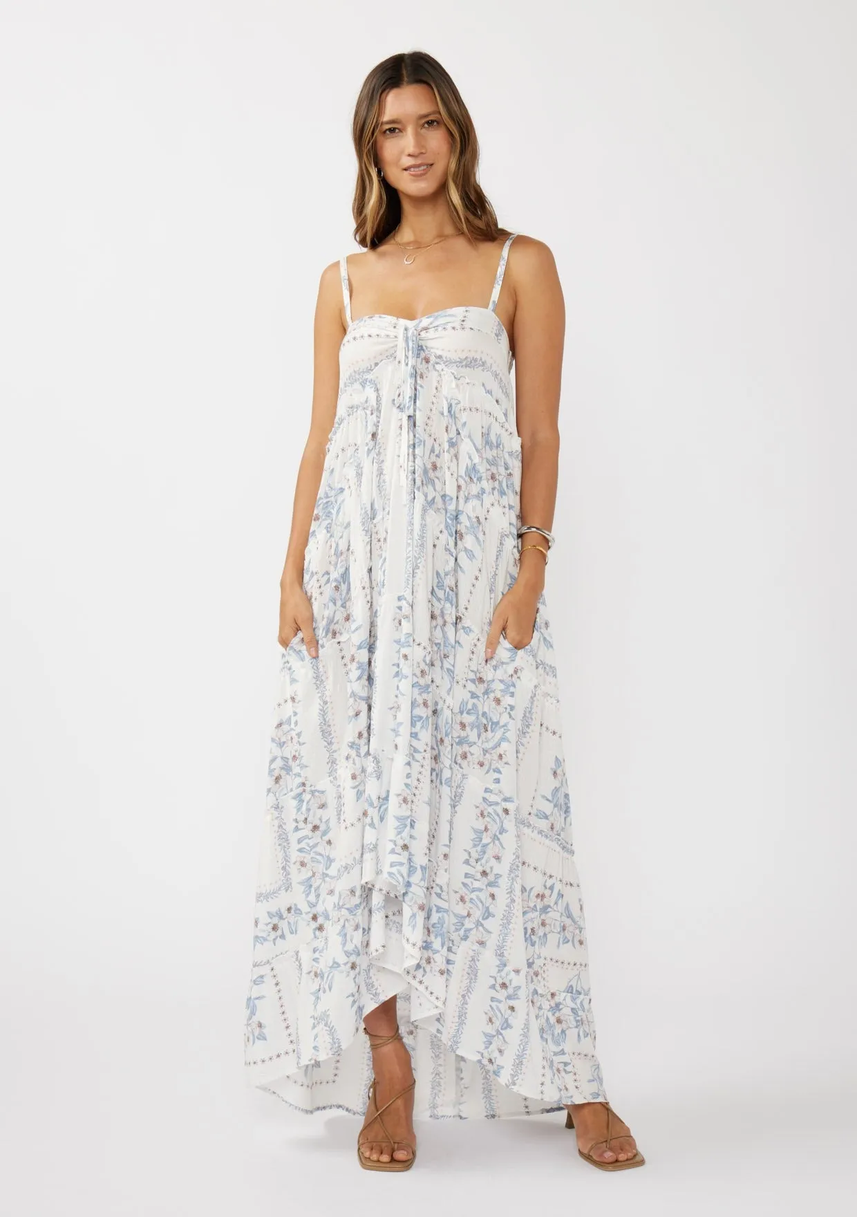 Light Blue Hi-Lo Spaghetti Strap Patchwork Ruffle Maxi Dress sold by Pinkblush