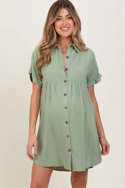 Sage Dolman Sleeve Linen Maternity Shirt Dress sold by Pinkblush
