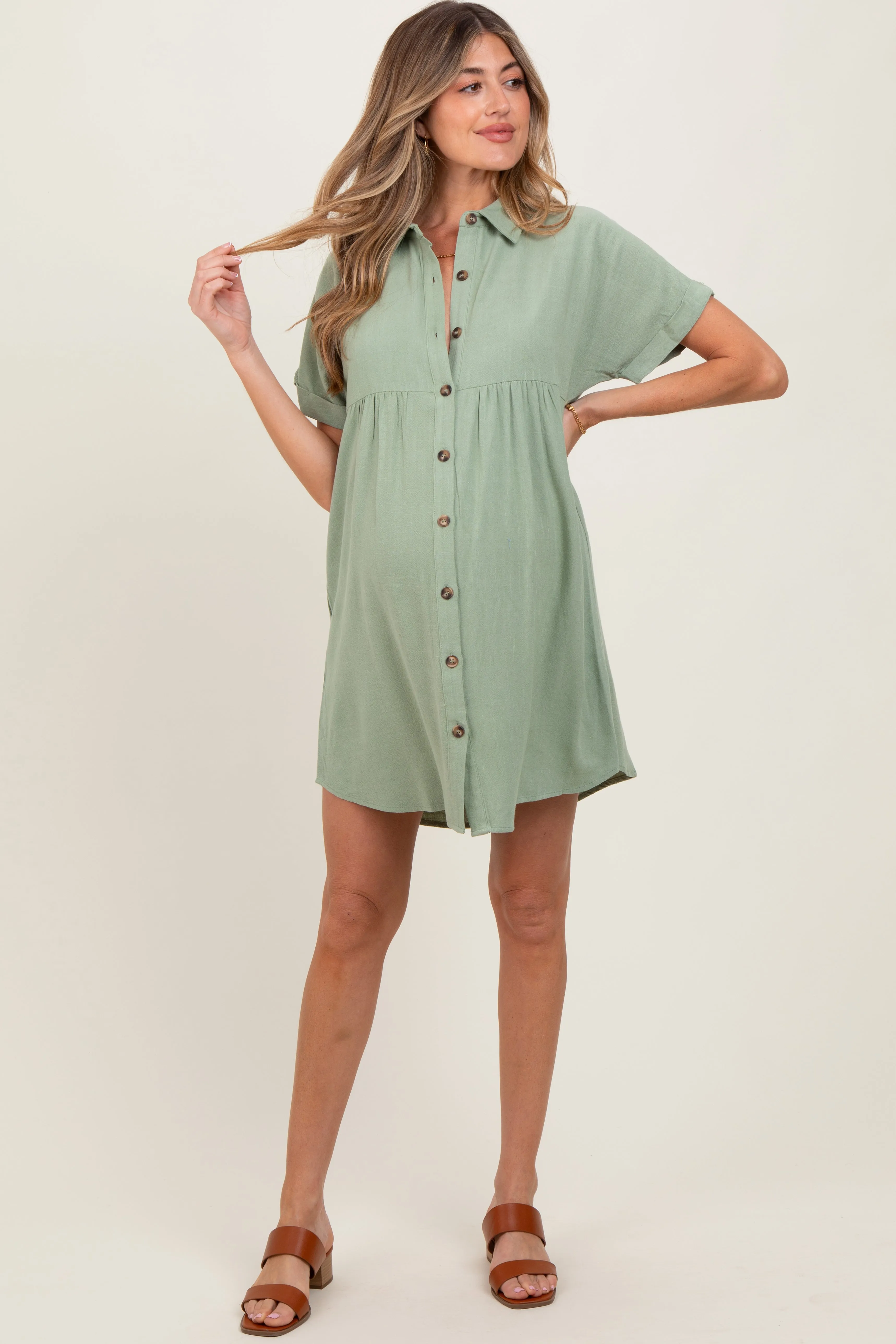 Sage Dolman Sleeve Linen Maternity Shirt Dress sold by Pinkblush product image thumbnail 2