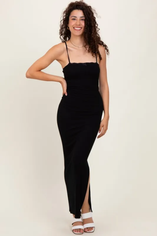 Black Lace Trim Side Slit Maxi Dress sold by Pinkblush