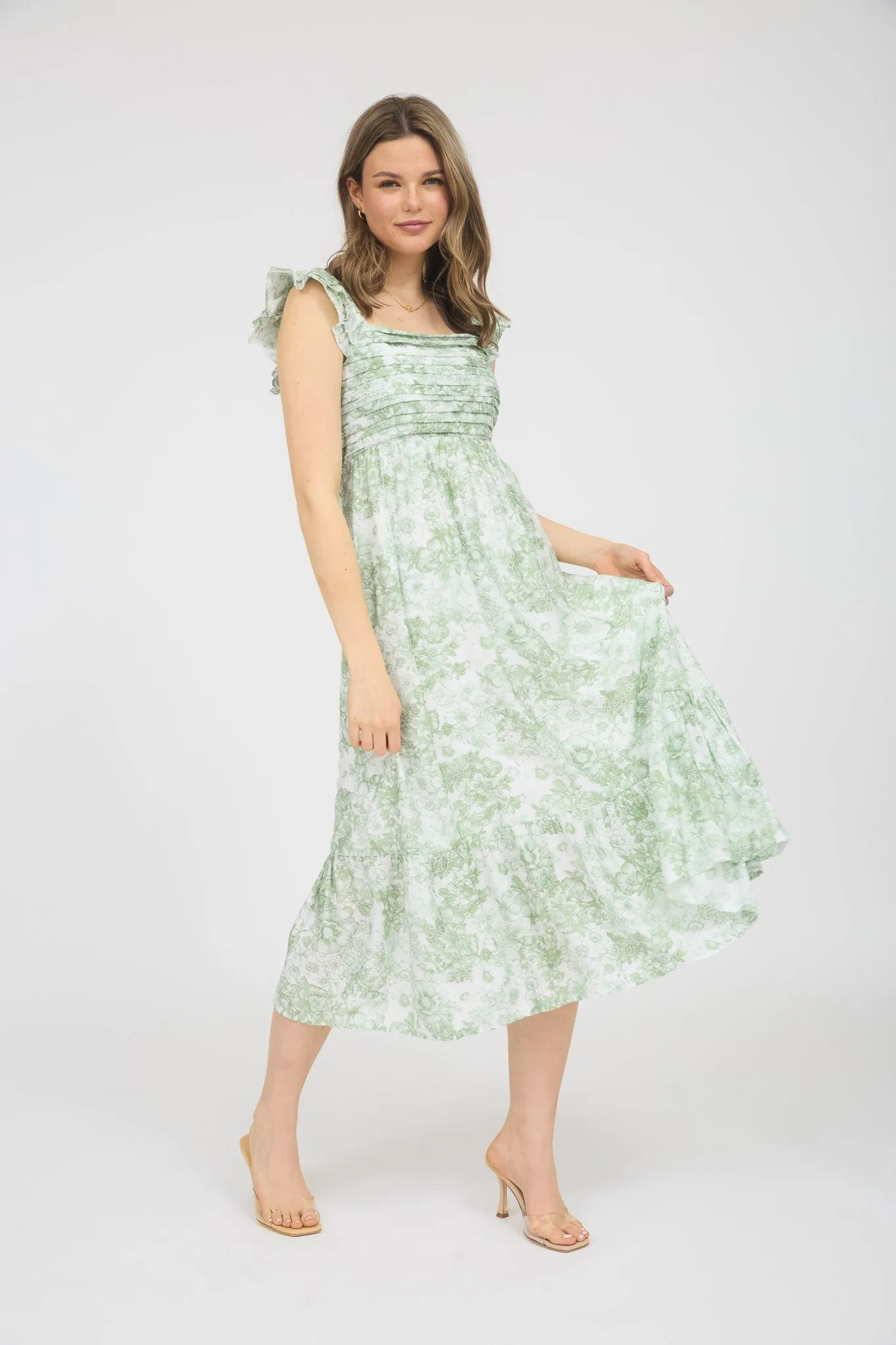 Light Olive Floral Ruffle Strap Pleated Bodice Midi Dress sold by Pinkblush product image thumbnail 2