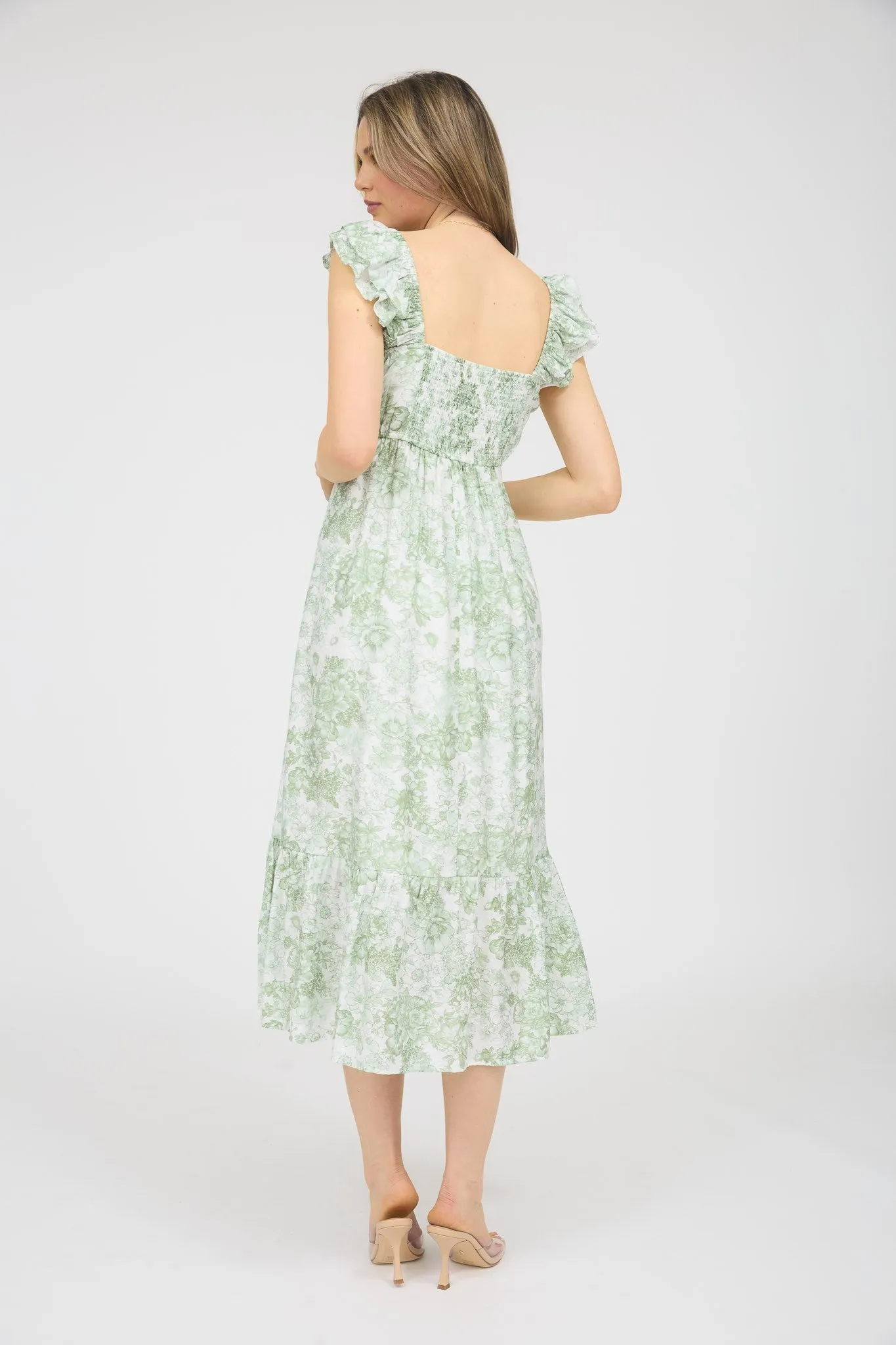 Light Olive Floral Ruffle Strap Pleated Bodice Midi Dress sold by Pinkblush product image thumbnail 3