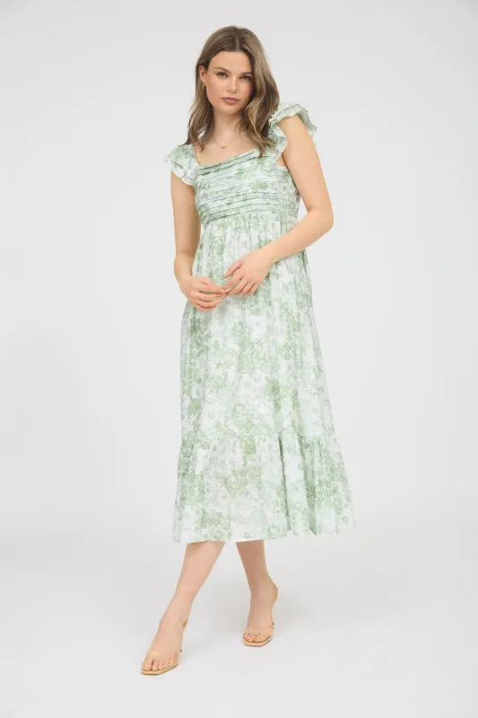 Light Olive Floral Ruffle Strap Pleated Bodice Midi Dress sold by Pinkblush