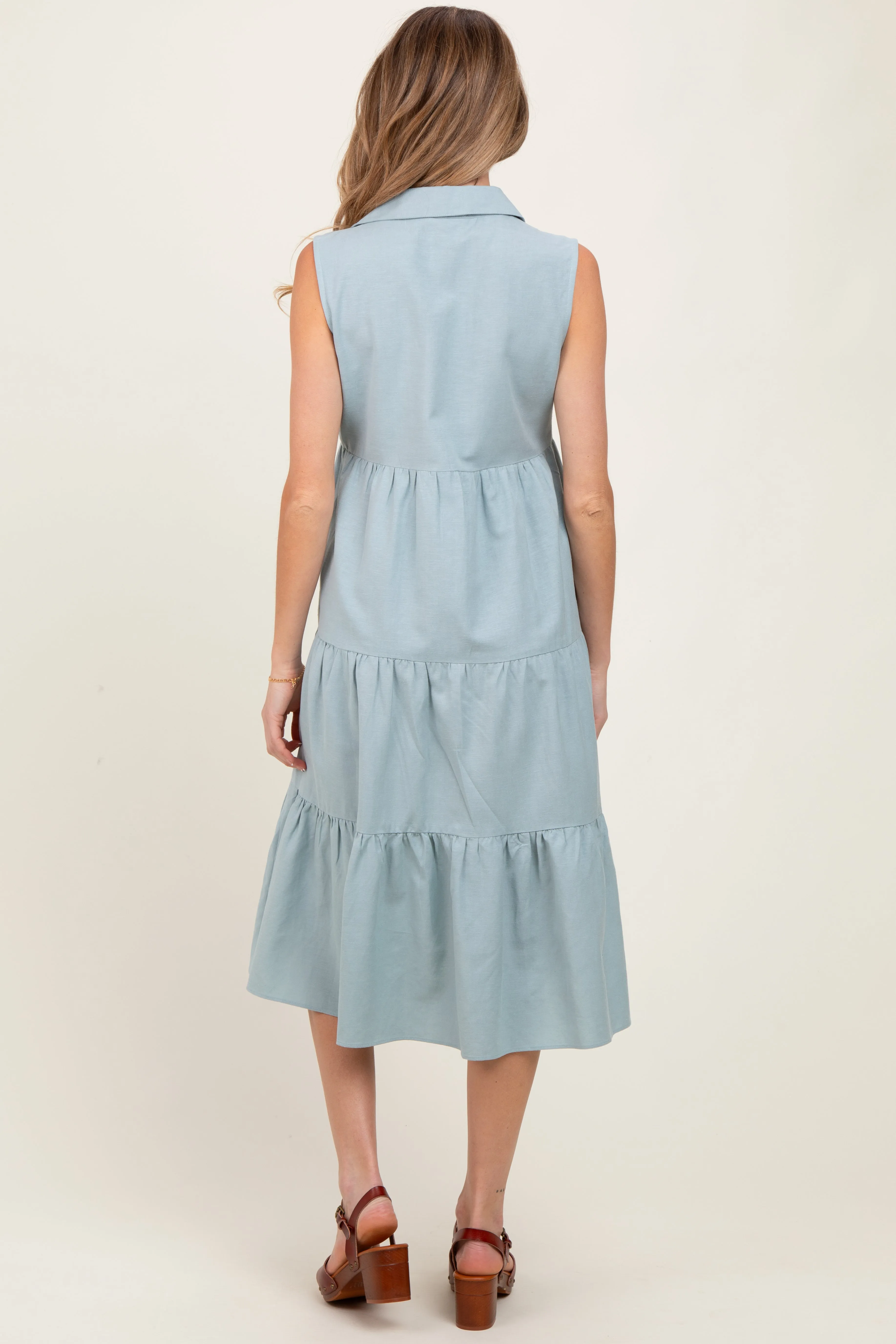 Light Olive Tiered Sleeveless Maternity Midi Shirt Dress sold by Pinkblush product image thumbnail 4