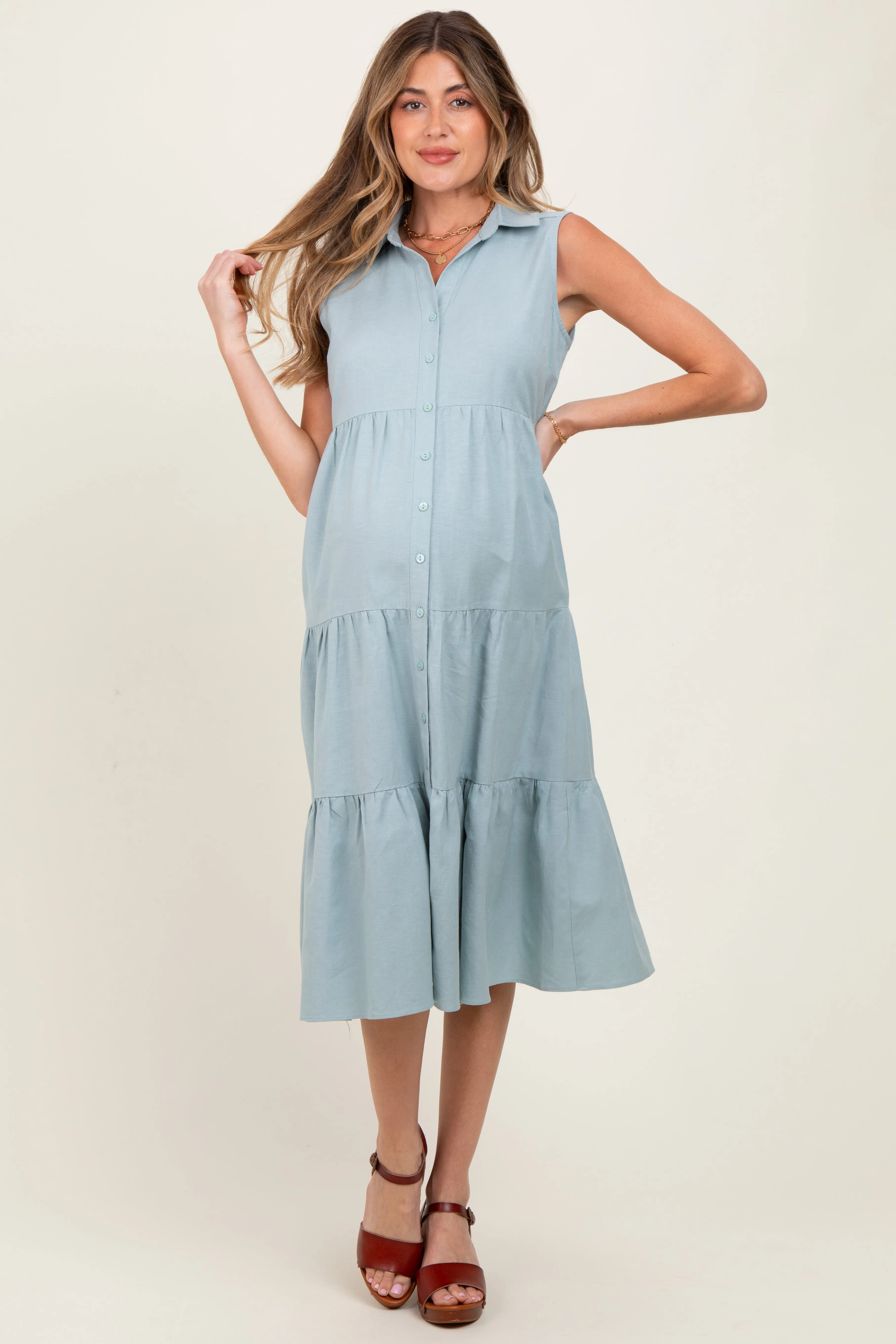 Light Olive Tiered Sleeveless Maternity Midi Shirt Dress sold by Pinkblush product image thumbnail 2