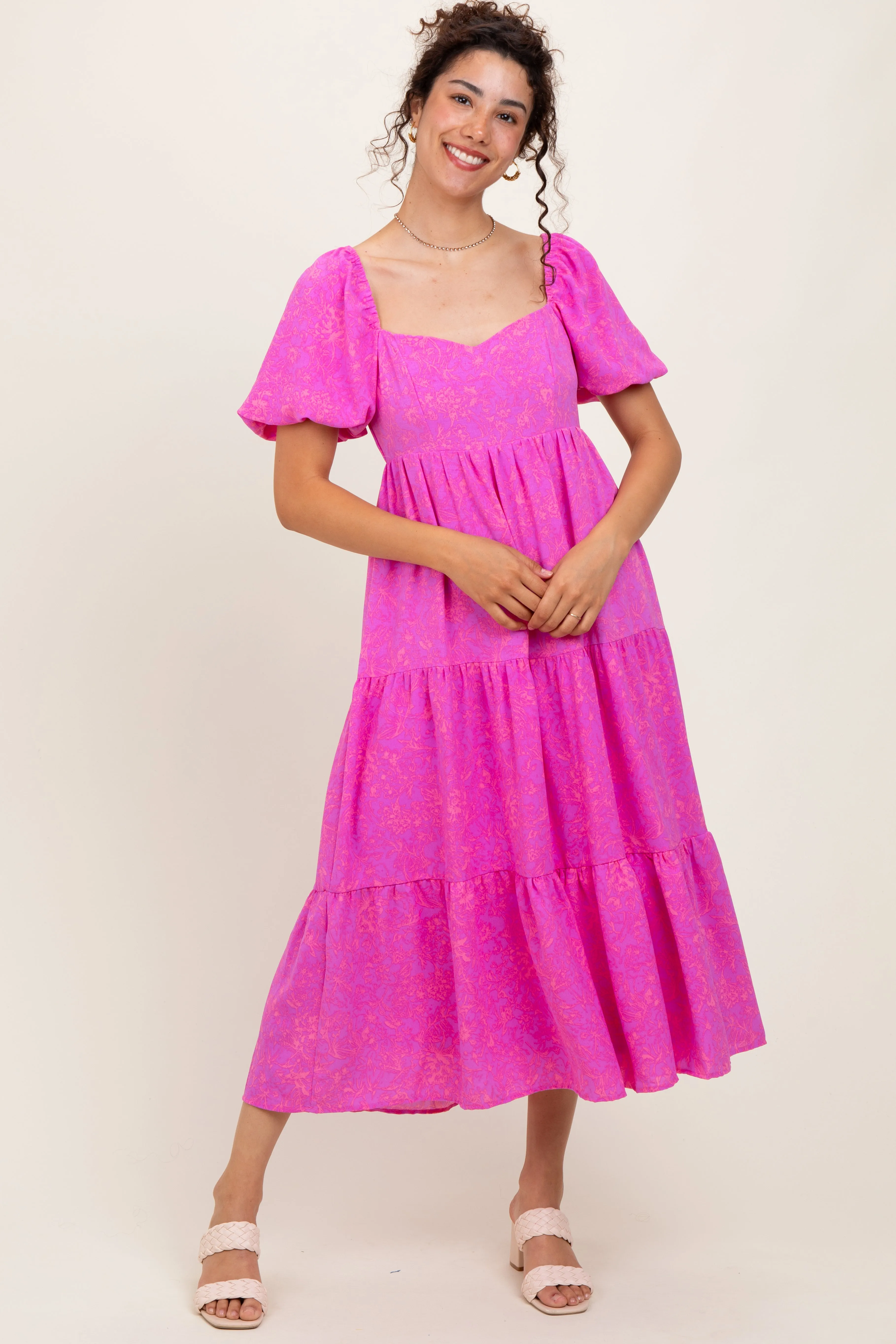 Pink Printed Puff Sleeve Tiered Midi Dress sold by Pinkblush