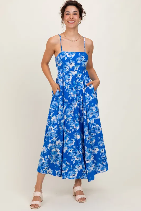 Royal Blue Floral Tie Back Cutout Midi Dress sold by Pinkblush