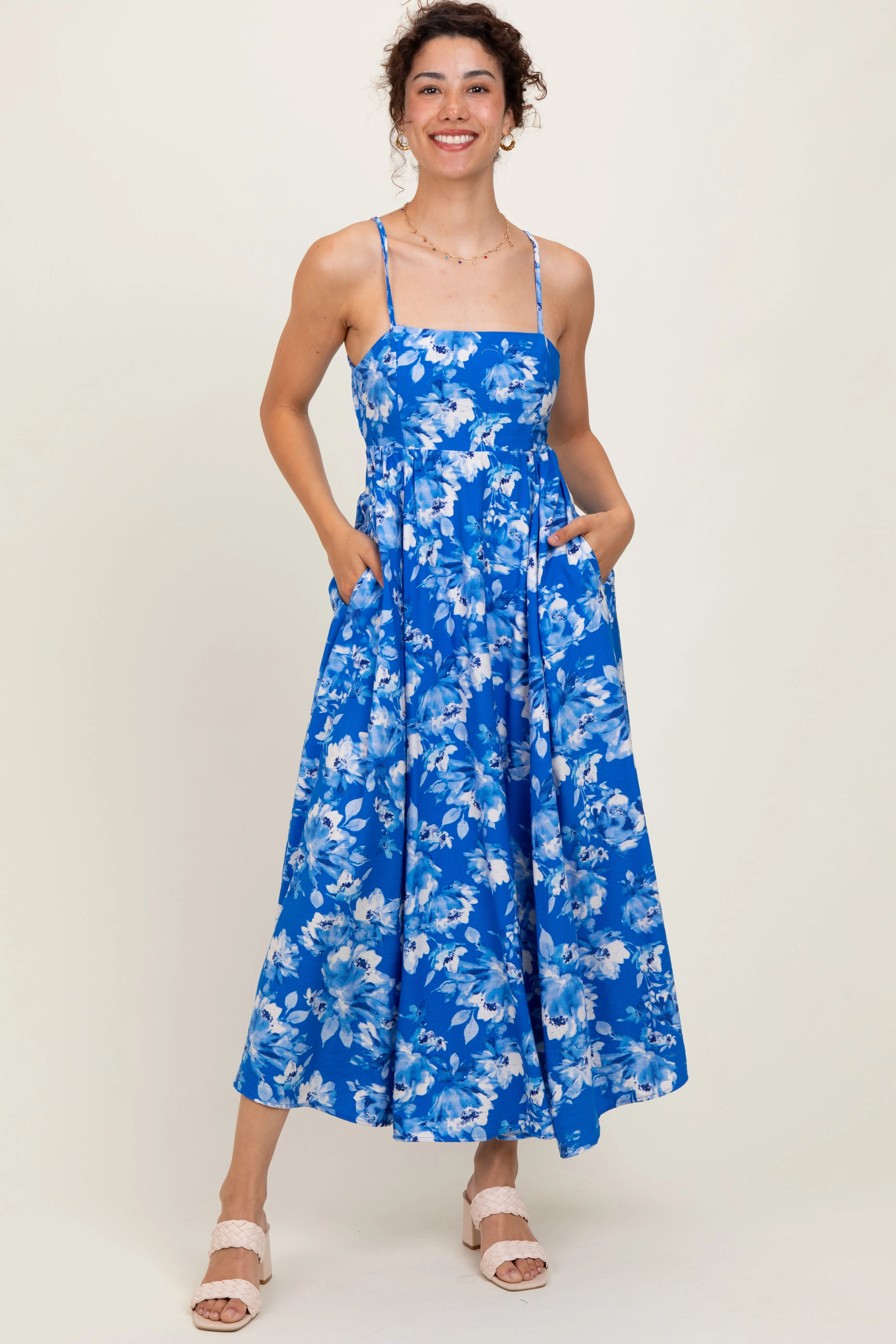 Royal Blue Floral Tie Back Cutout Midi Dress sold by Pinkblush