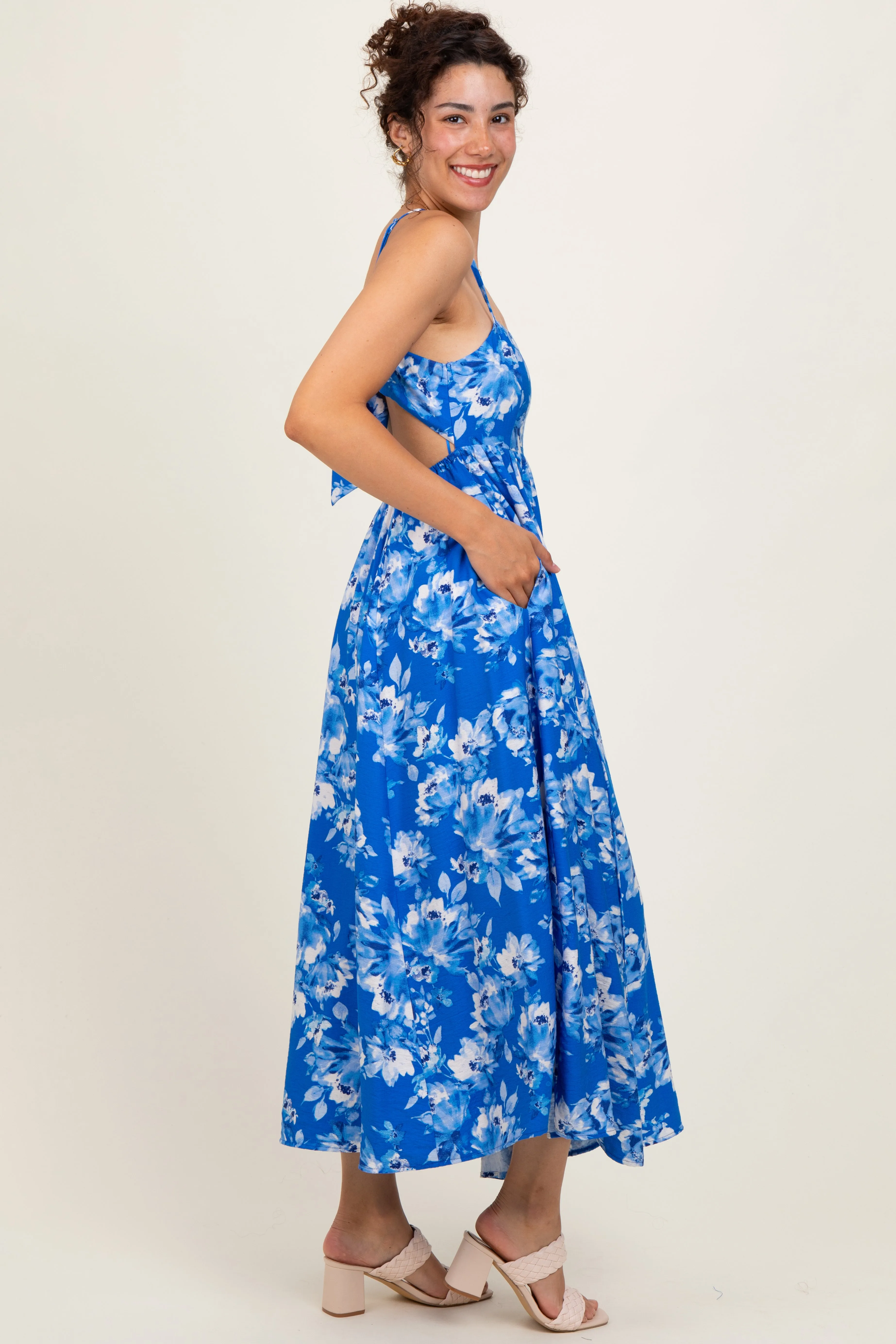 Royal Blue Floral Tie Back Cutout Midi Dress sold by Pinkblush product image thumbnail 2