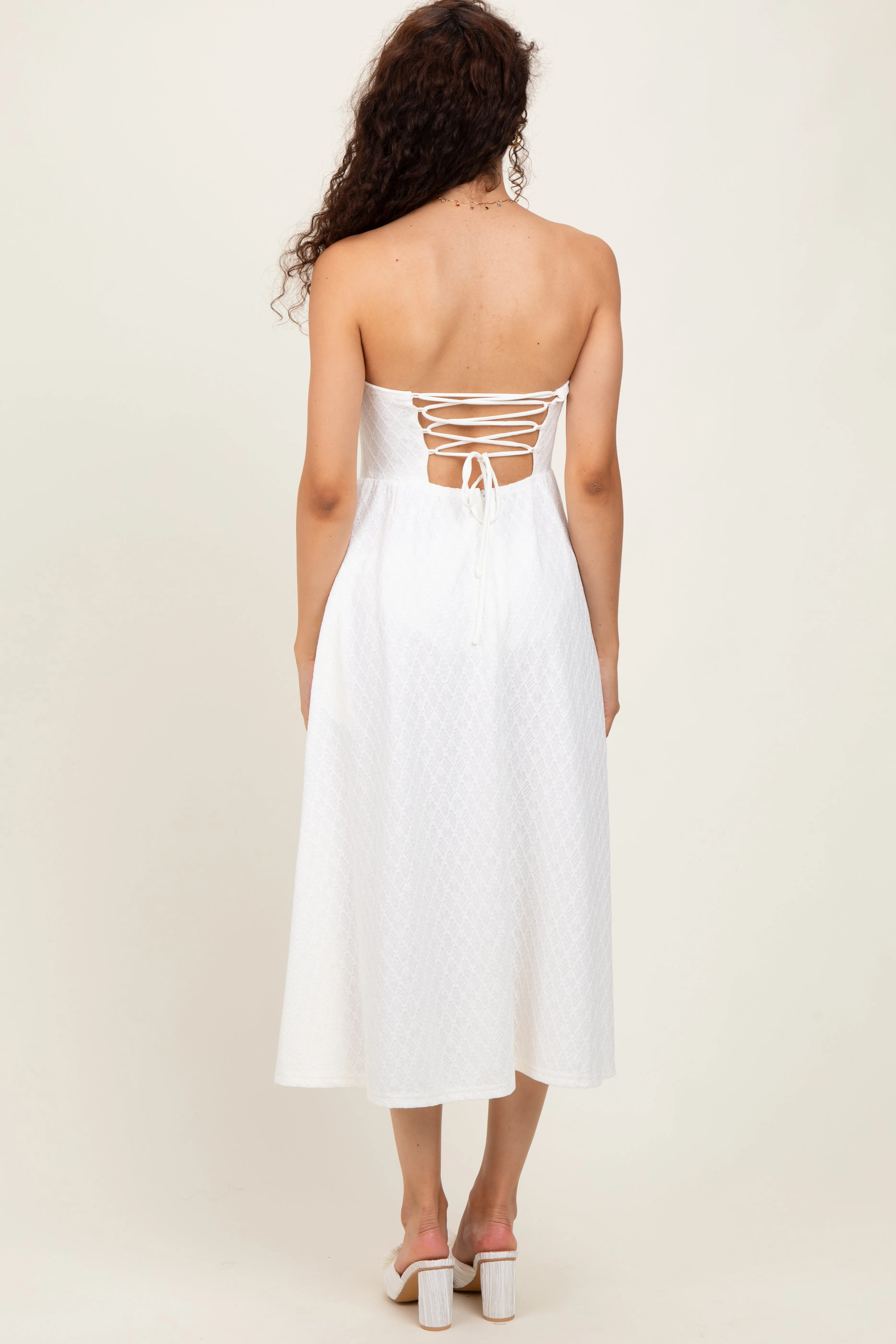 Ivory Lace Strapless Lace Up Back Midi Dress sold by Pinkblush product image thumbnail 4