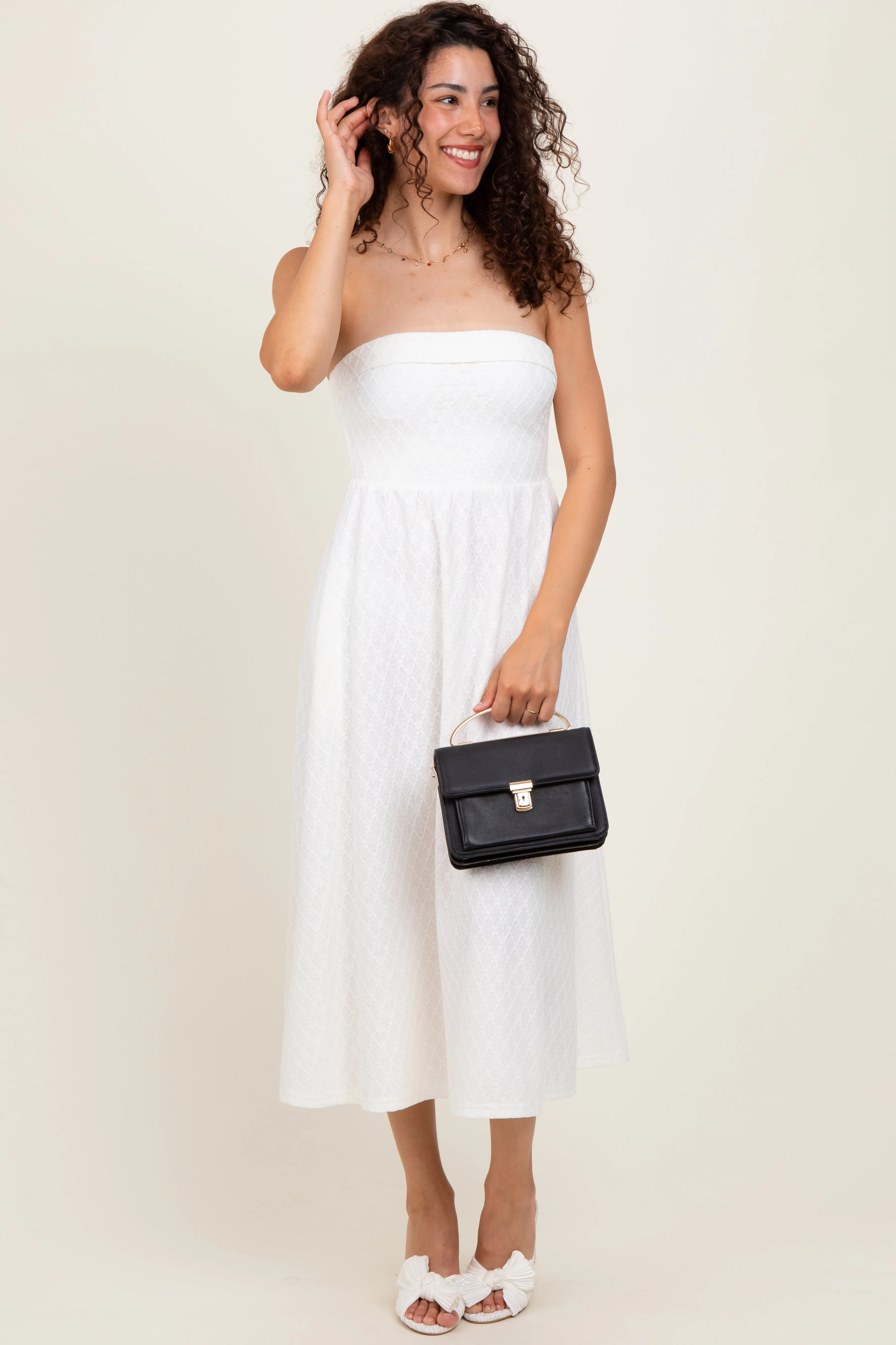 Ivory Lace Strapless Lace Up Back Midi Dress sold by Pinkblush product image thumbnail 2