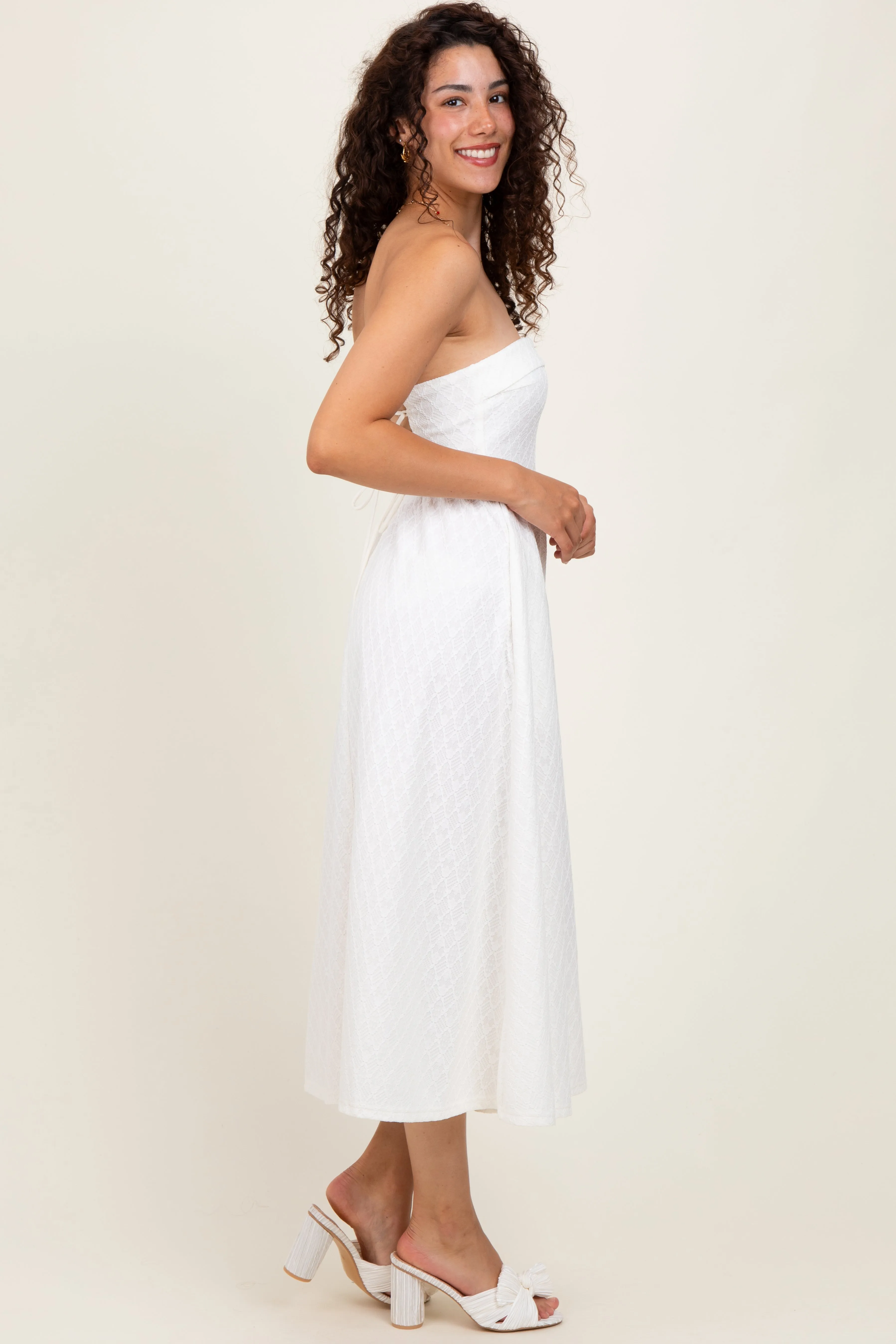 Ivory Lace Strapless Lace Up Back Midi Dress sold by Pinkblush product image thumbnail 3