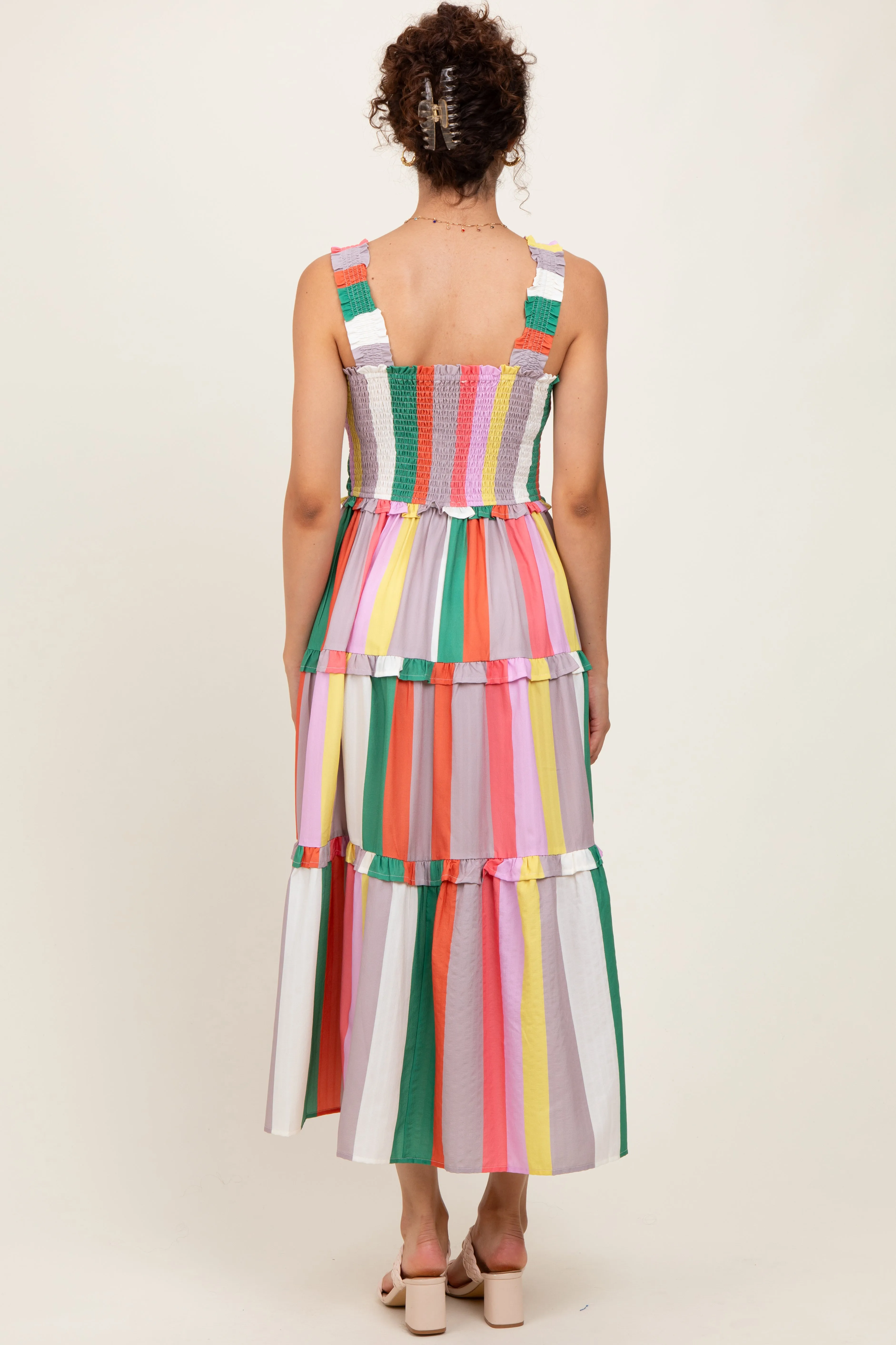 Green Wide Stripe Smocked Tiered Midi Dress sold by Pinkblush product image thumbnail 3
