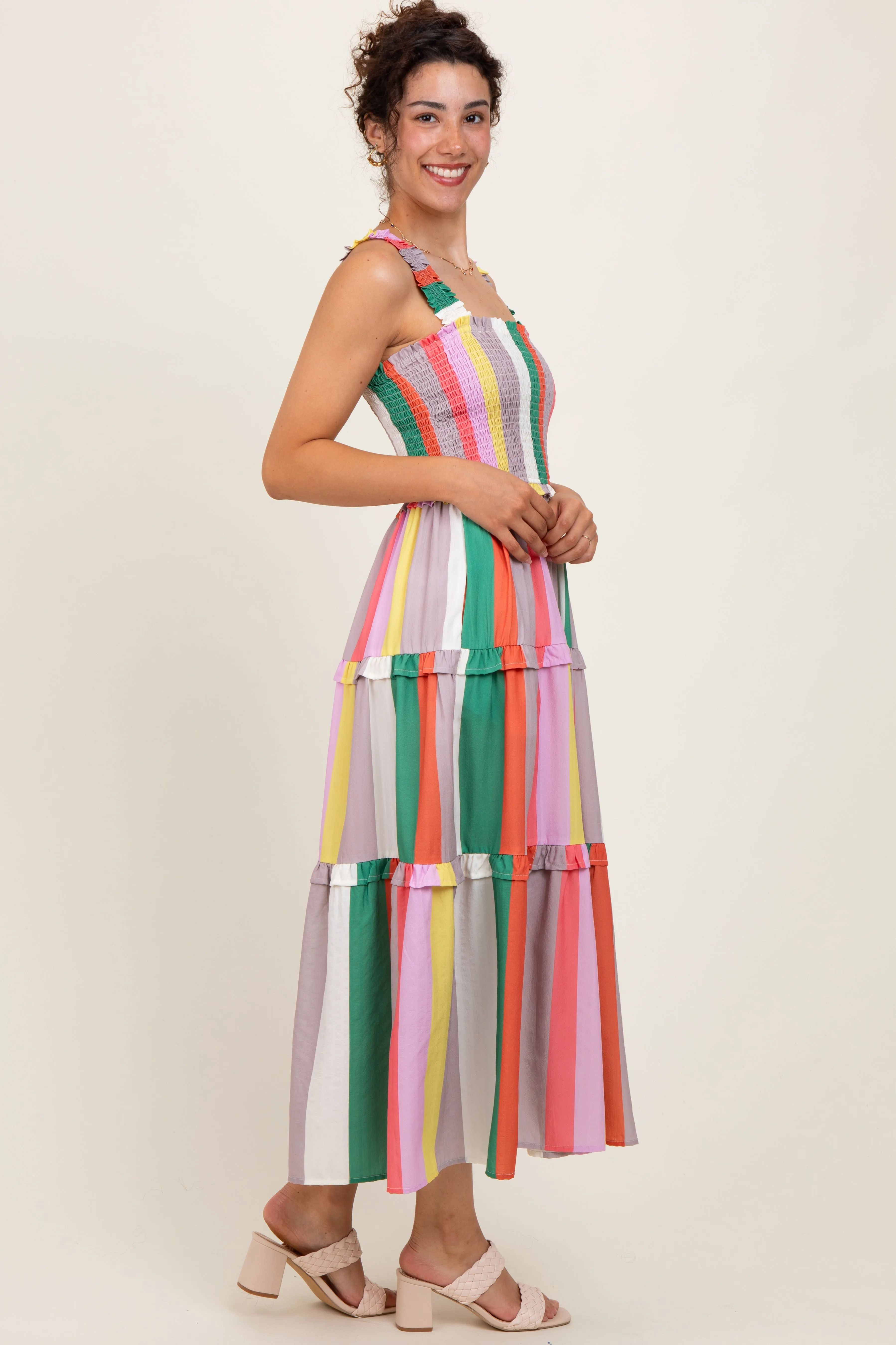 Green Wide Stripe Smocked Tiered Midi Dress sold by Pinkblush product image thumbnail 2