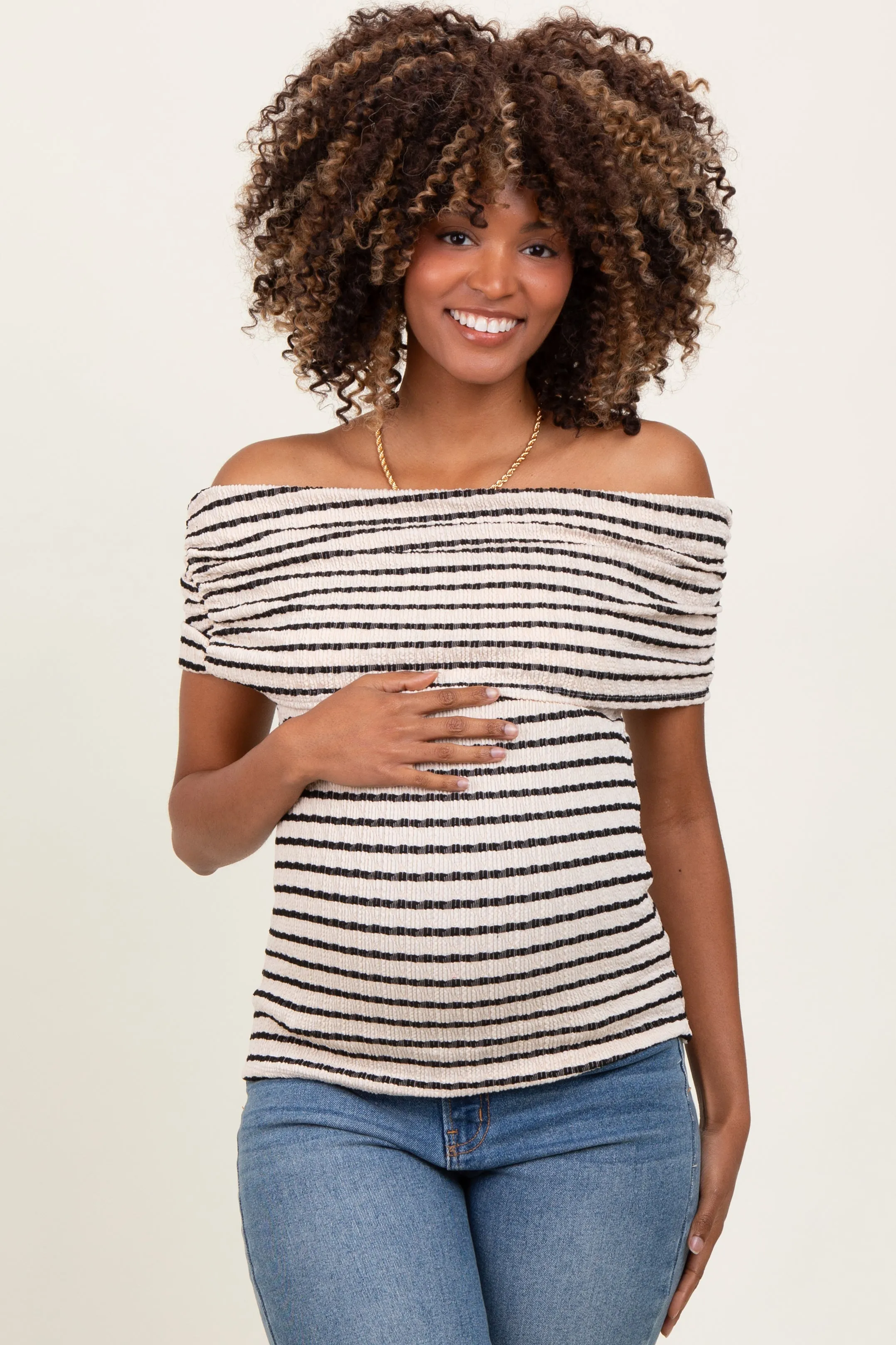 Beige Off The Shoulder Striped Maternity Top sold by Pinkblush