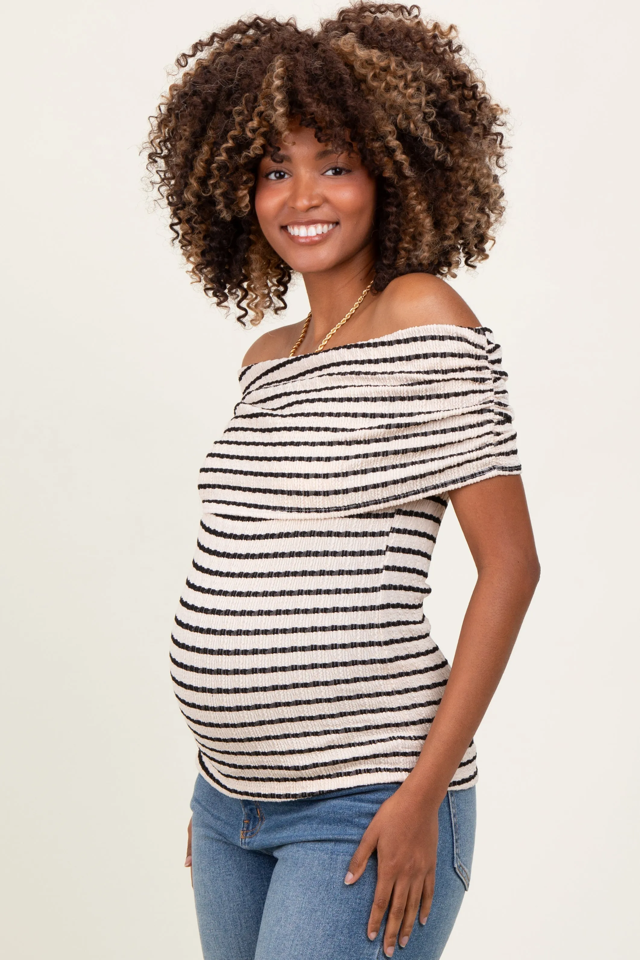 Beige Off The Shoulder Striped Maternity Top sold by Pinkblush product image thumbnail 2