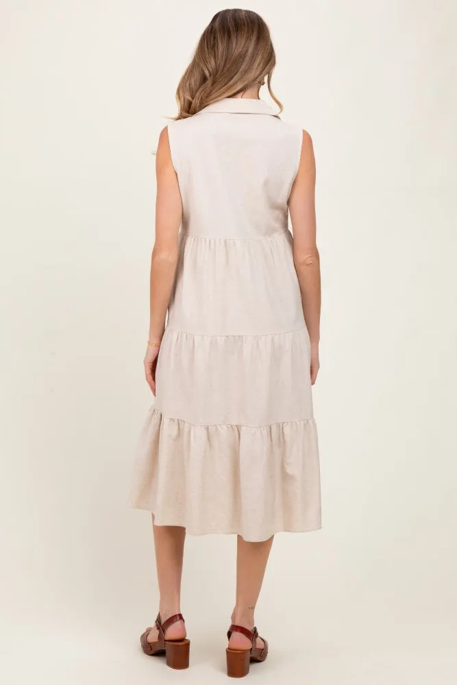 Cream Tiered Sleeveless Maternity Midi Shirt Dress sold by Pinkblush product image thumbnail 3
