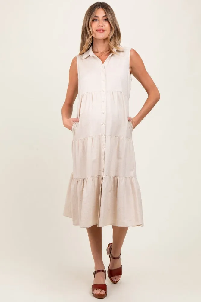 Cream Tiered Sleeveless Maternity Midi Shirt Dress sold by Pinkblush product image thumbnail 2