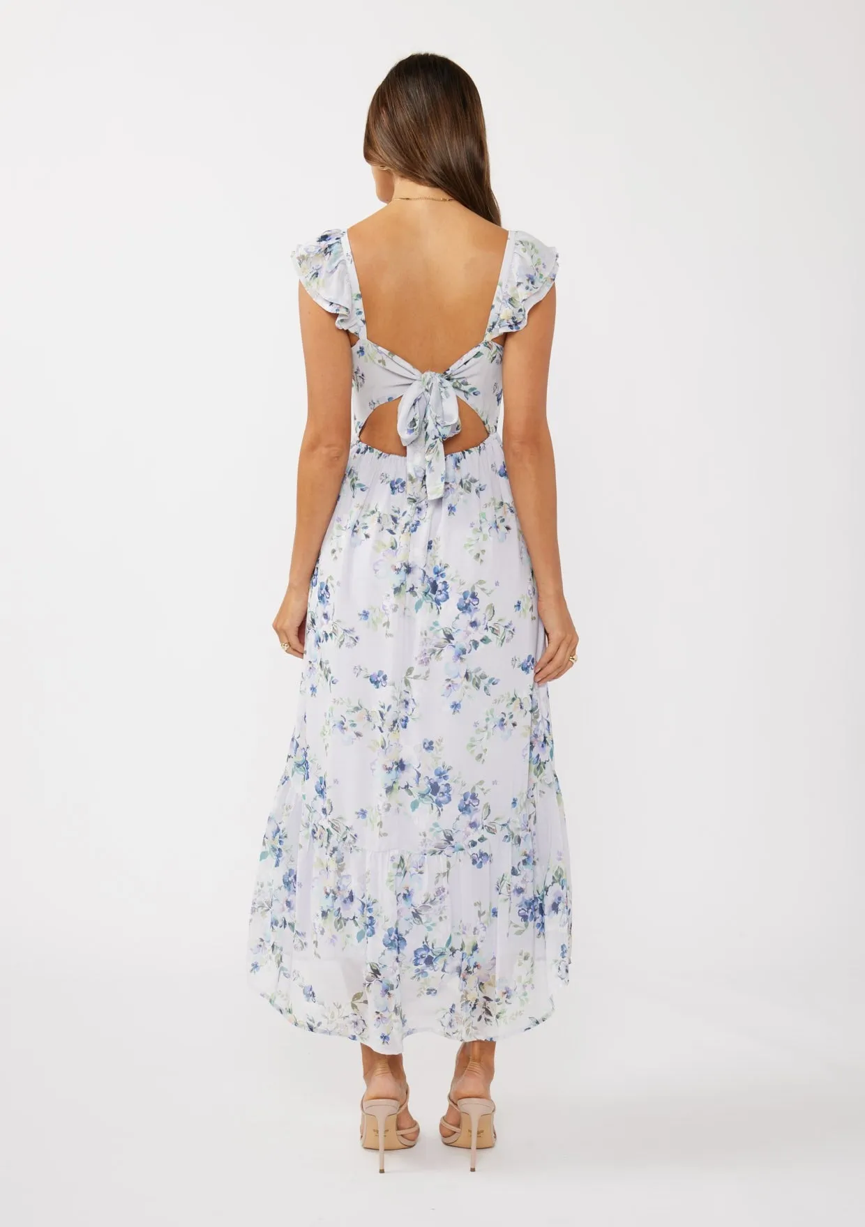 Lilac Floral Textured Open Back Tie Maxi Dress sold by Pinkblush product image thumbnail 3