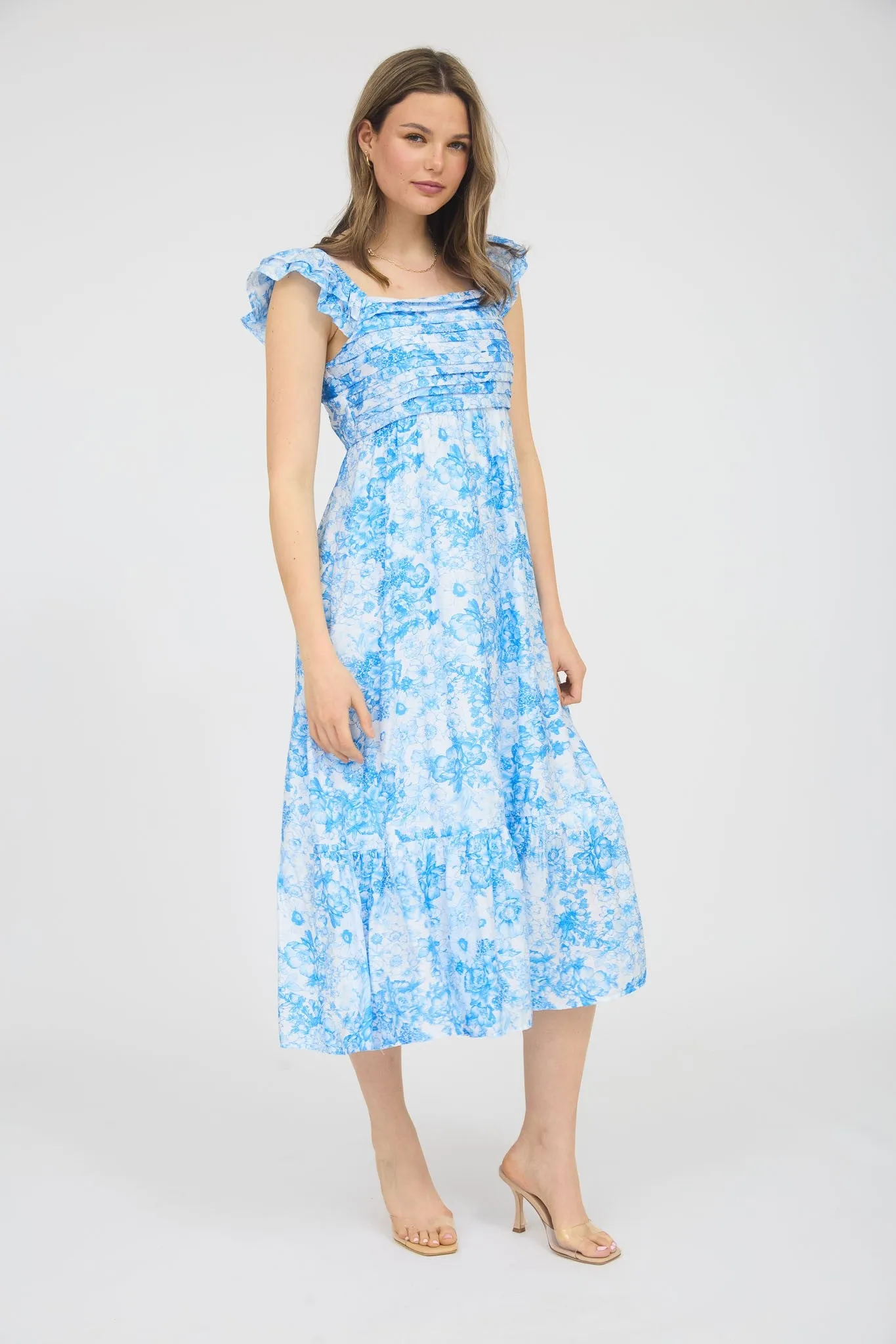 Blue Floral Ruffle Strap Pleated Bodice Midi Dress sold by Pinkblush product image thumbnail 2
