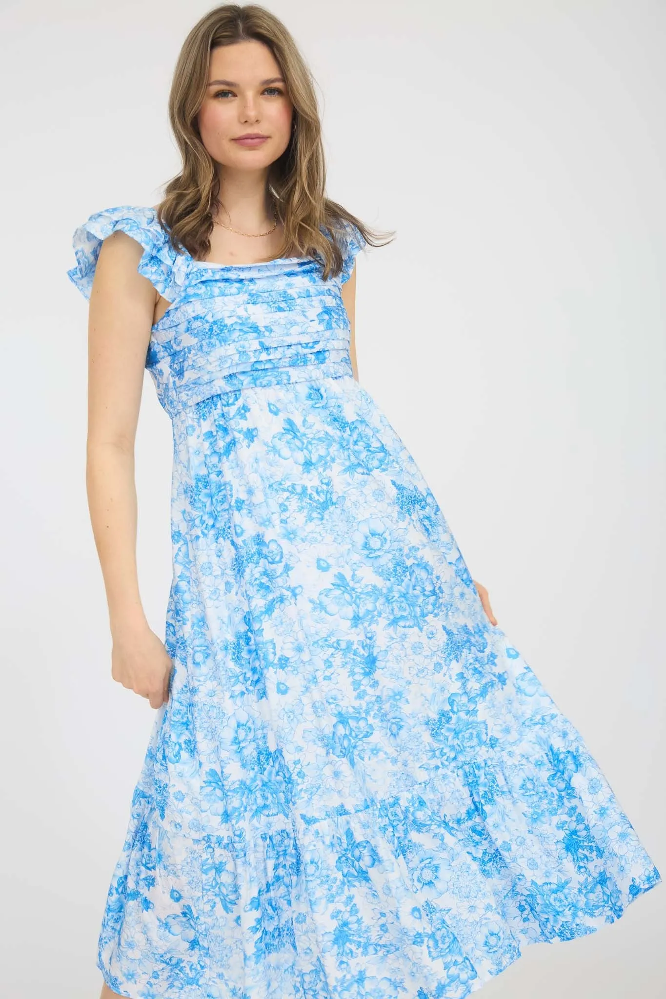 Blue Floral Ruffle Strap Pleated Bodice Midi Dress sold by Pinkblush product image thumbnail 4