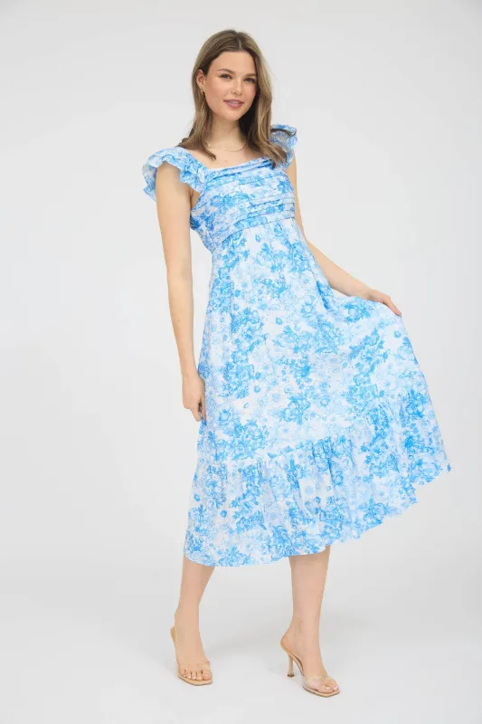 Blue Floral Ruffle Strap Pleated Bodice Midi Dress sold by Pinkblush