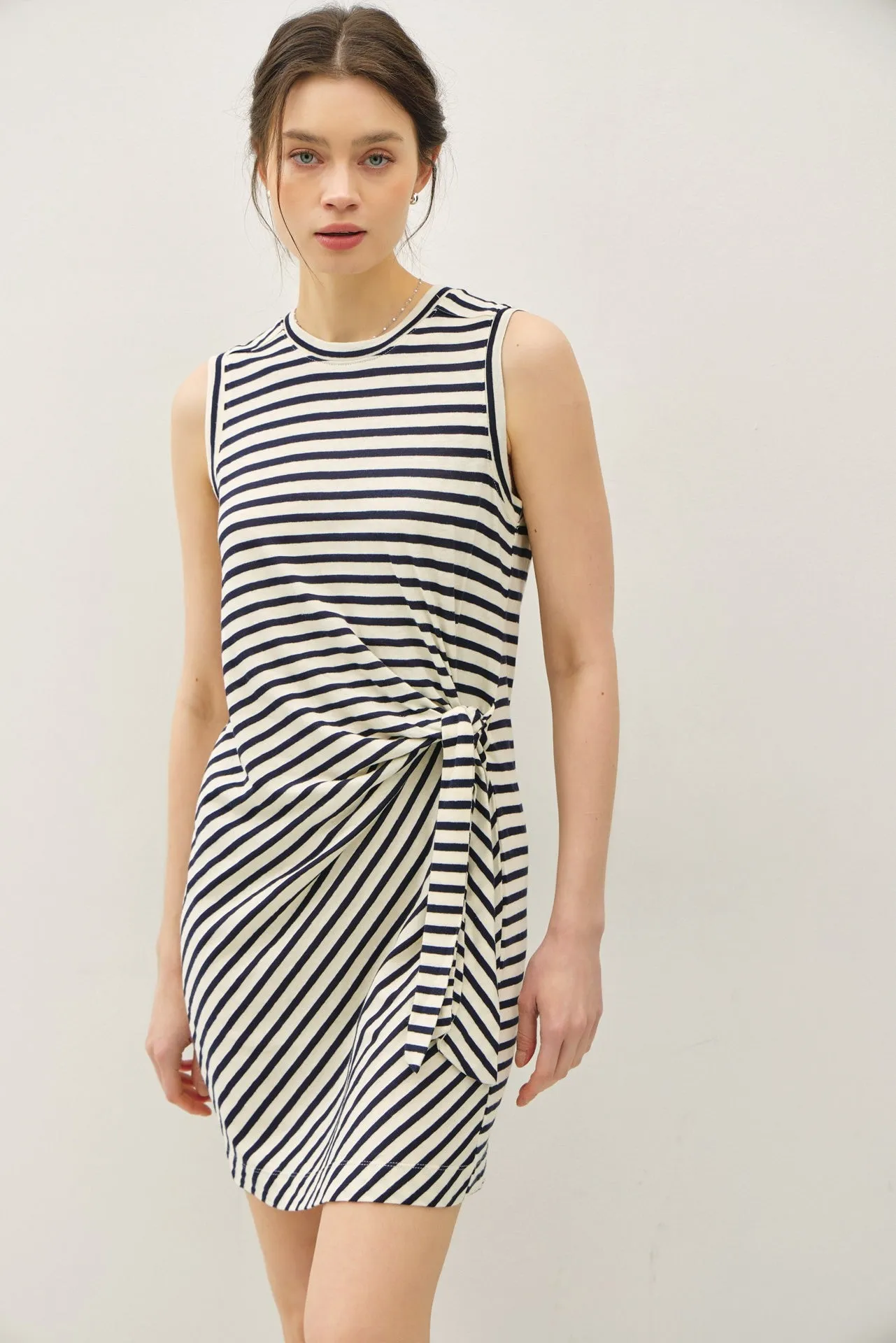 Navy Striped Sleeveless Side Tie Maternity Mini Dress sold by Pinkblush product image thumbnail 5