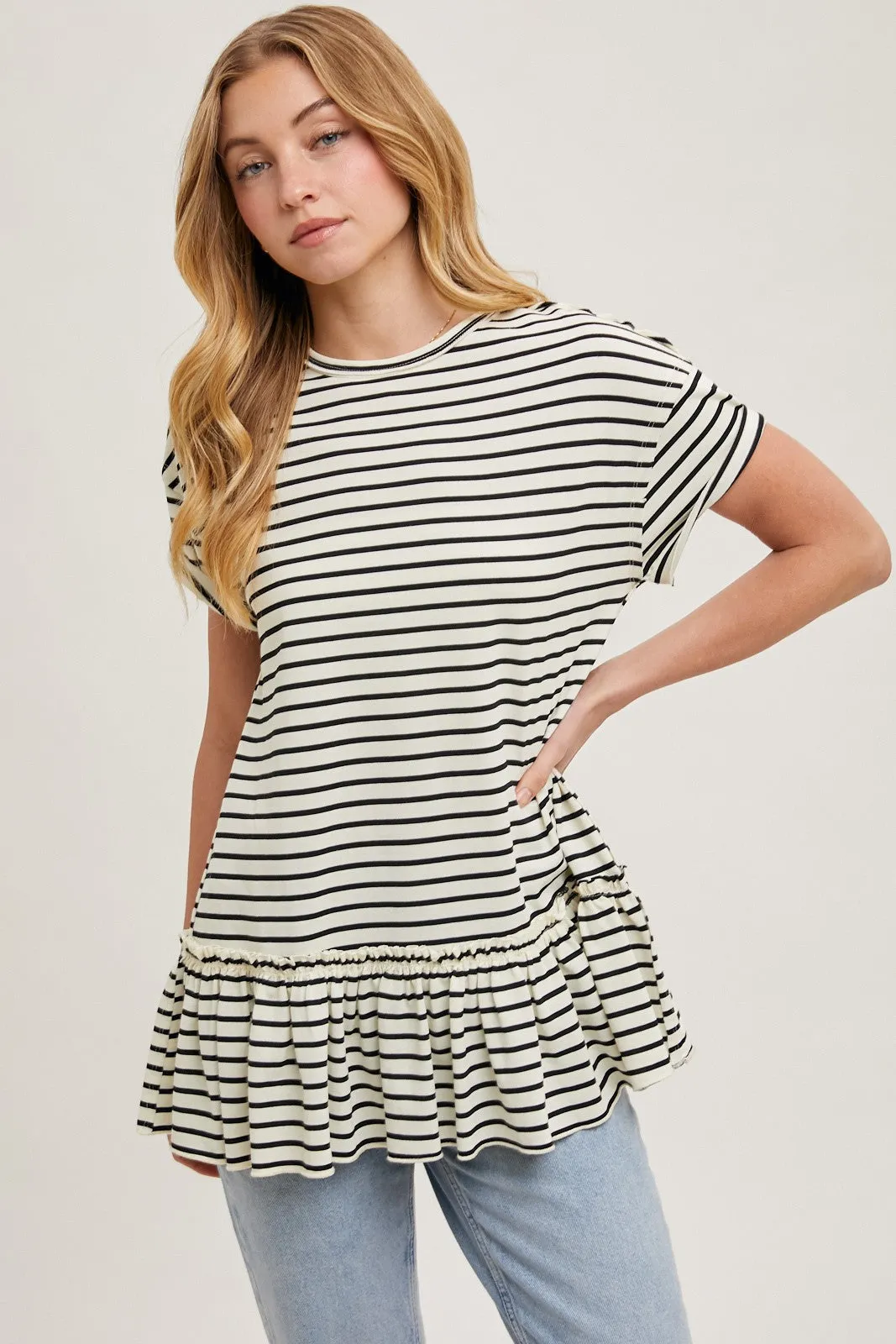 Ivory Striped Ruffle Hem Short Sleeve Top sold by Pinkblush