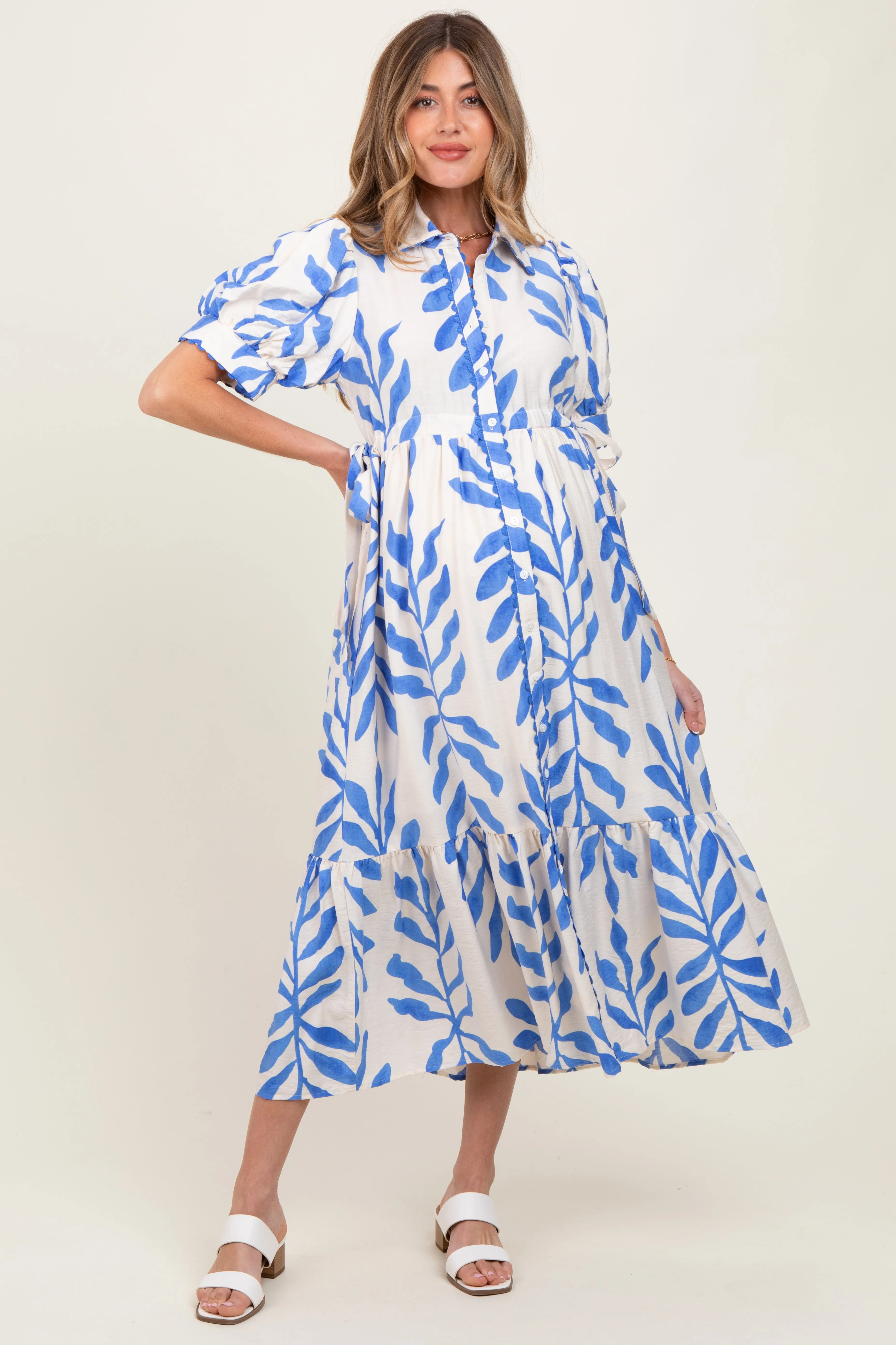 Blue Leaf Print Scallop Trim Maternity Midi Shirt Dress sold by Pinkblush