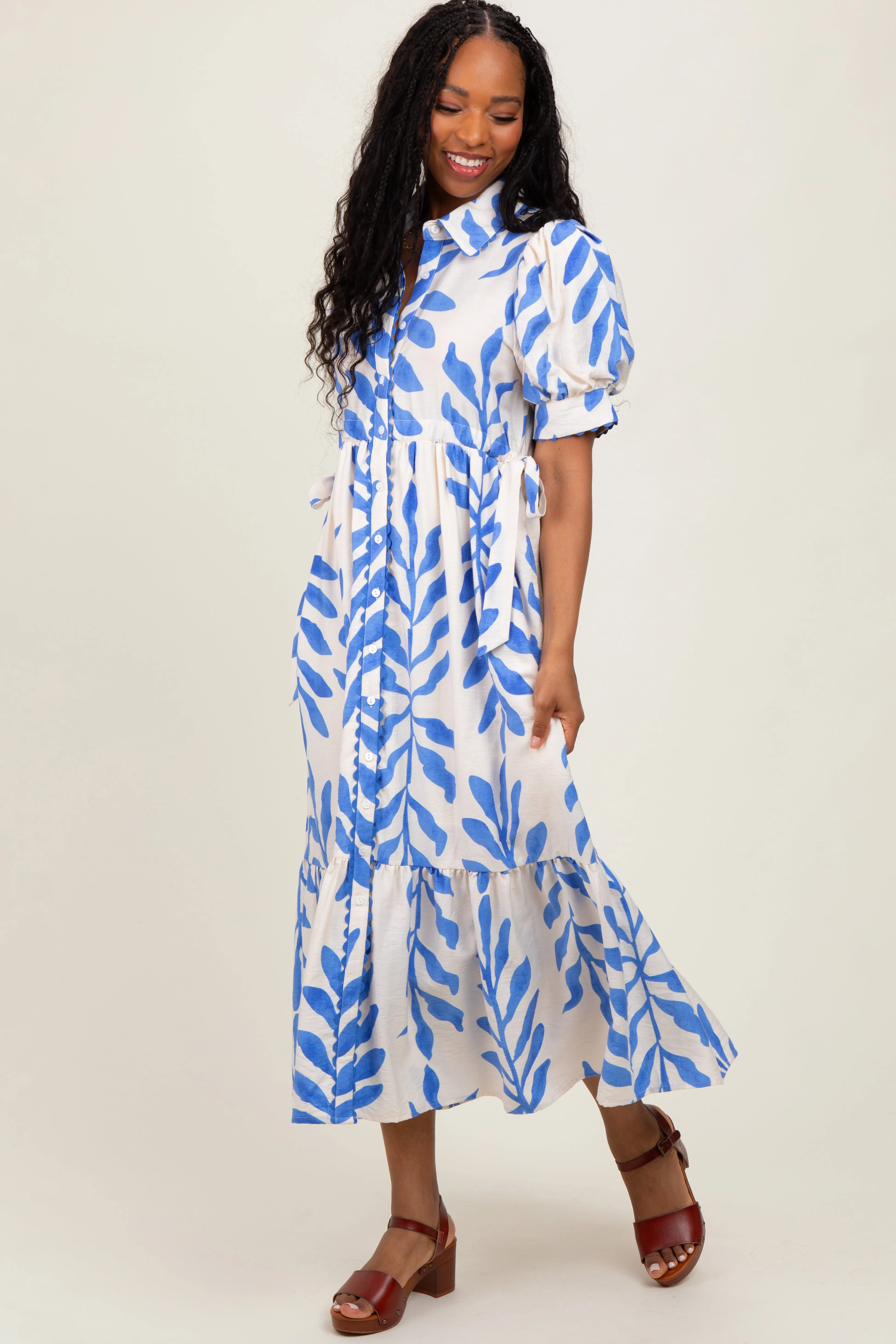Blue Leaf Print Scallop Trim Maternity Midi Shirt Dress sold by Pinkblush product image thumbnail 3