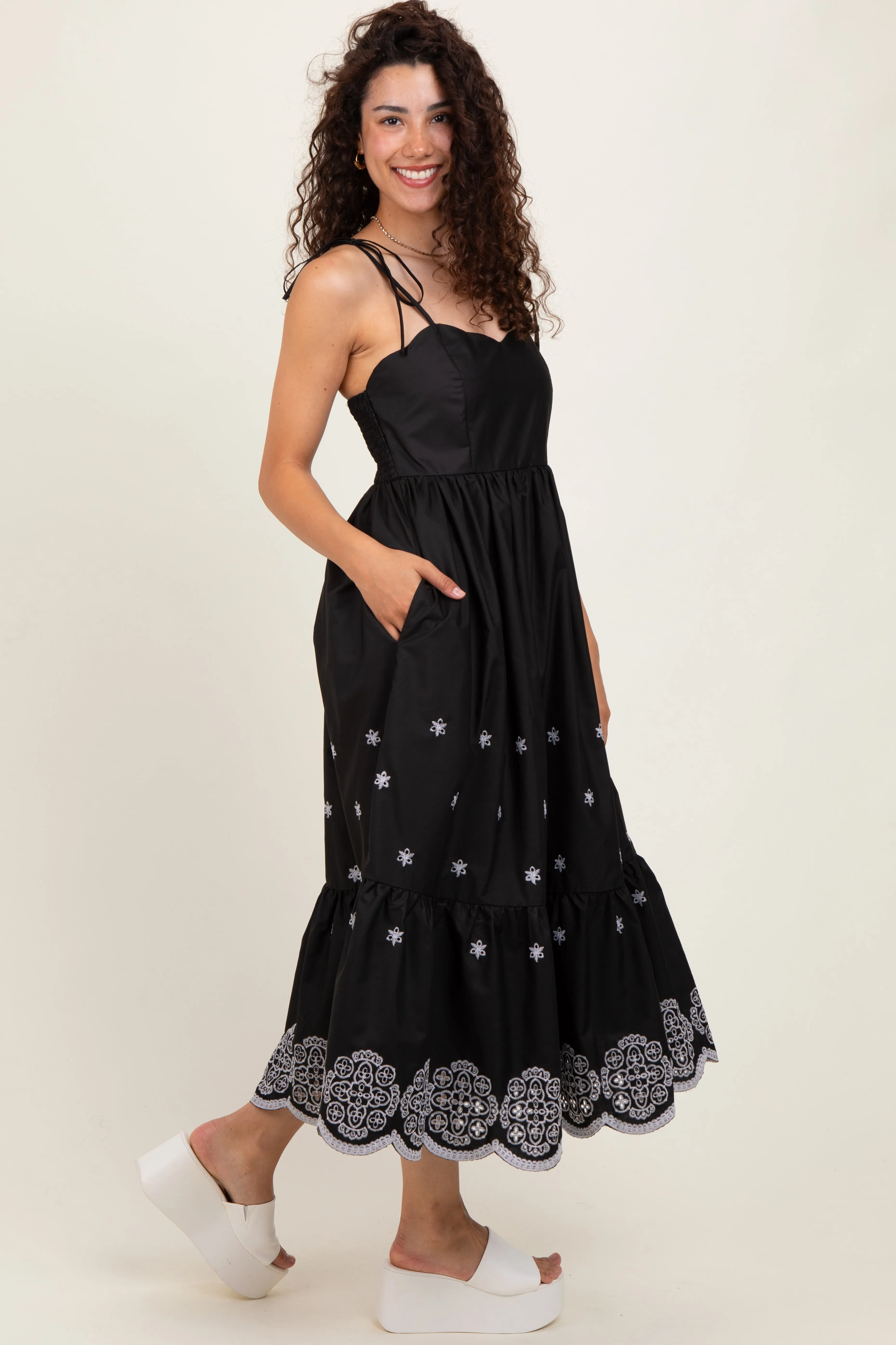 Black Embroidered Shoulder Tie Midi Dress sold by Pinkblush product image thumbnail 3