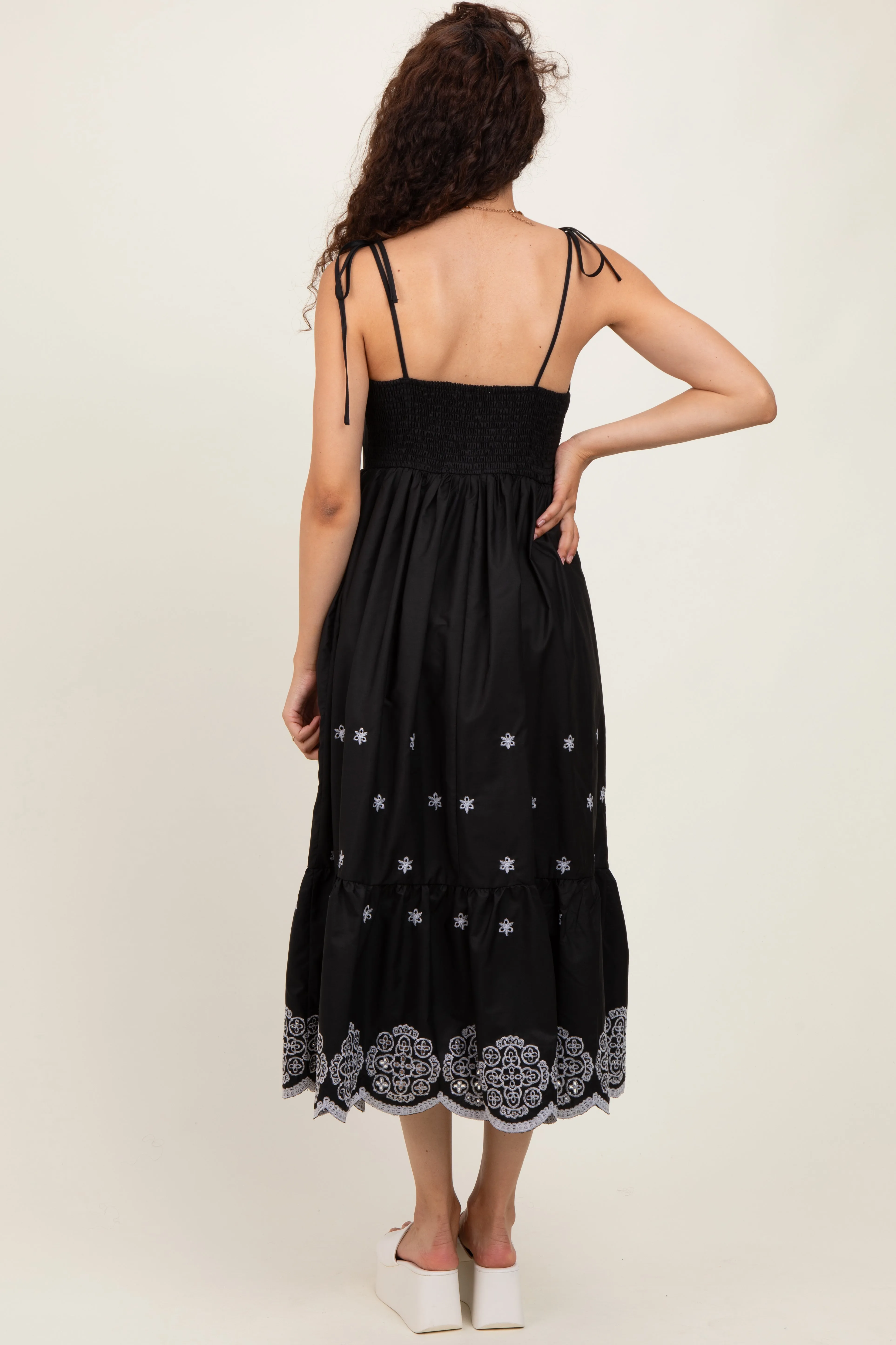 Black Embroidered Shoulder Tie Midi Dress sold by Pinkblush product image thumbnail 4