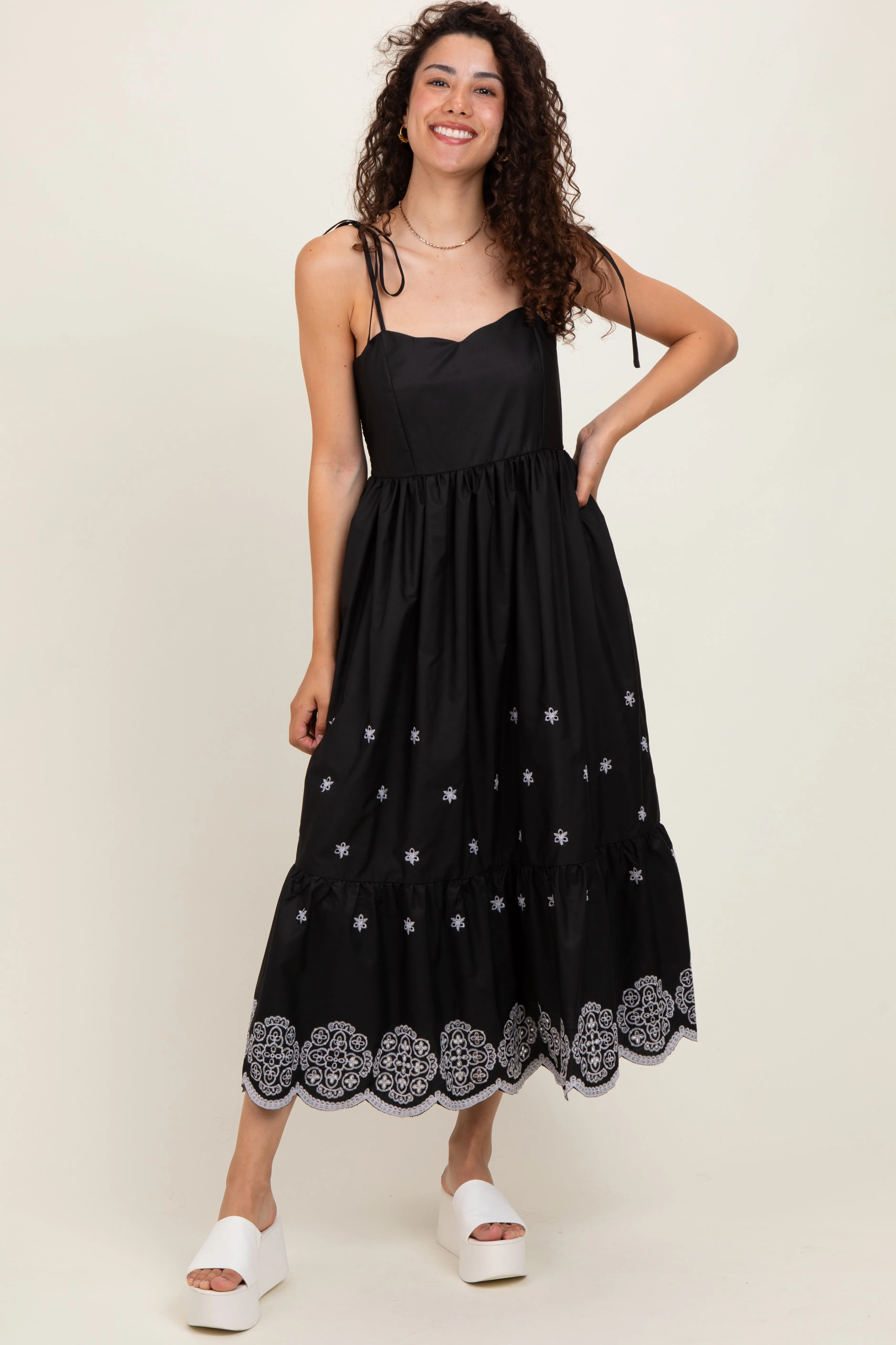 Black Embroidered Shoulder Tie Midi Dress sold by Pinkblush