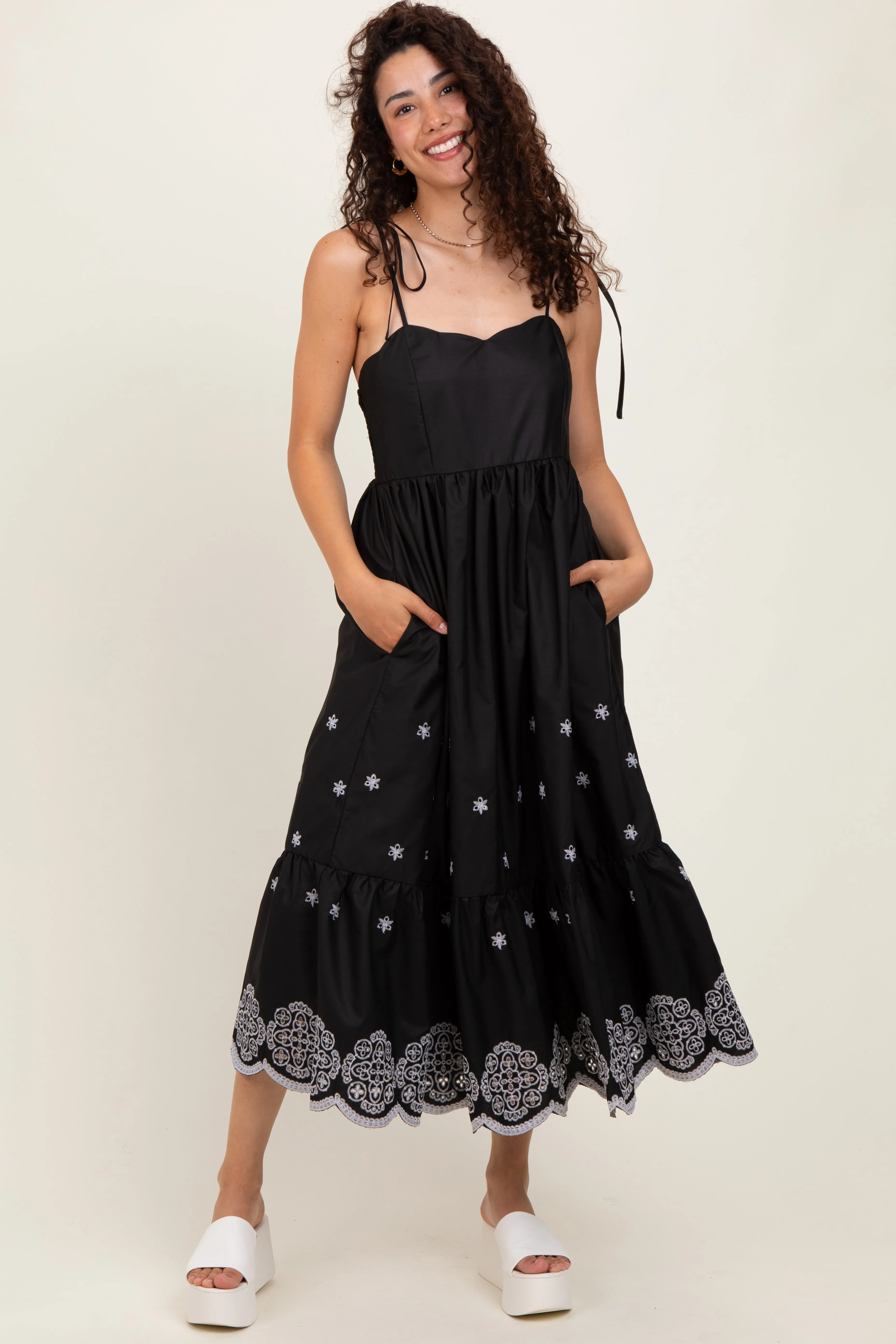 Black Embroidered Shoulder Tie Midi Dress sold by Pinkblush product image thumbnail 2